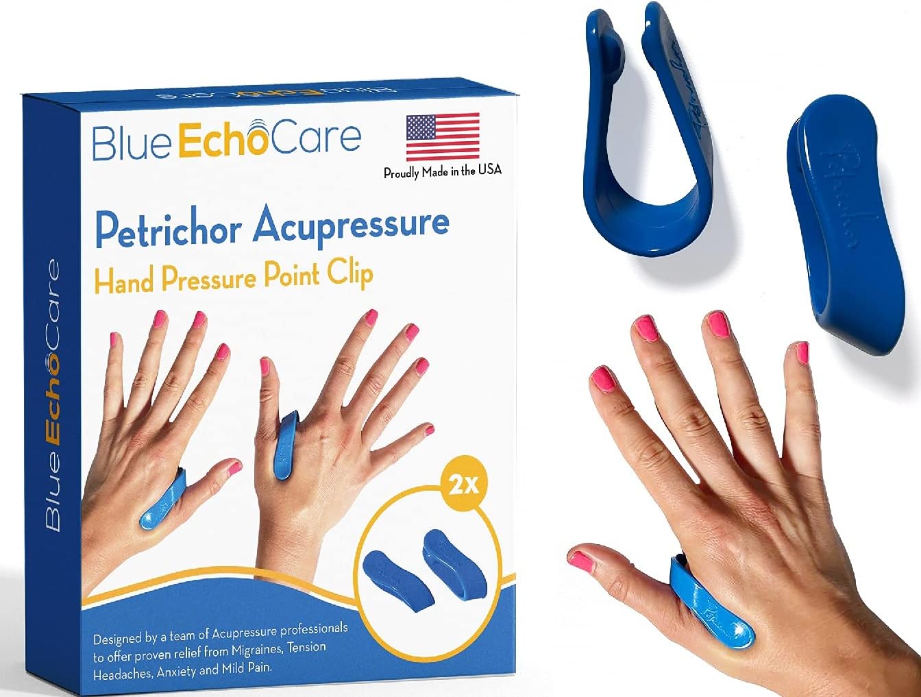 Petrichor Made in America Acupressure Hand Pressure Point Clip | 2 Pack | All Natural Headache Migraine Aid | Drug Free Tension Anxiety Relief | Stress Reduction, Pain Alleviation