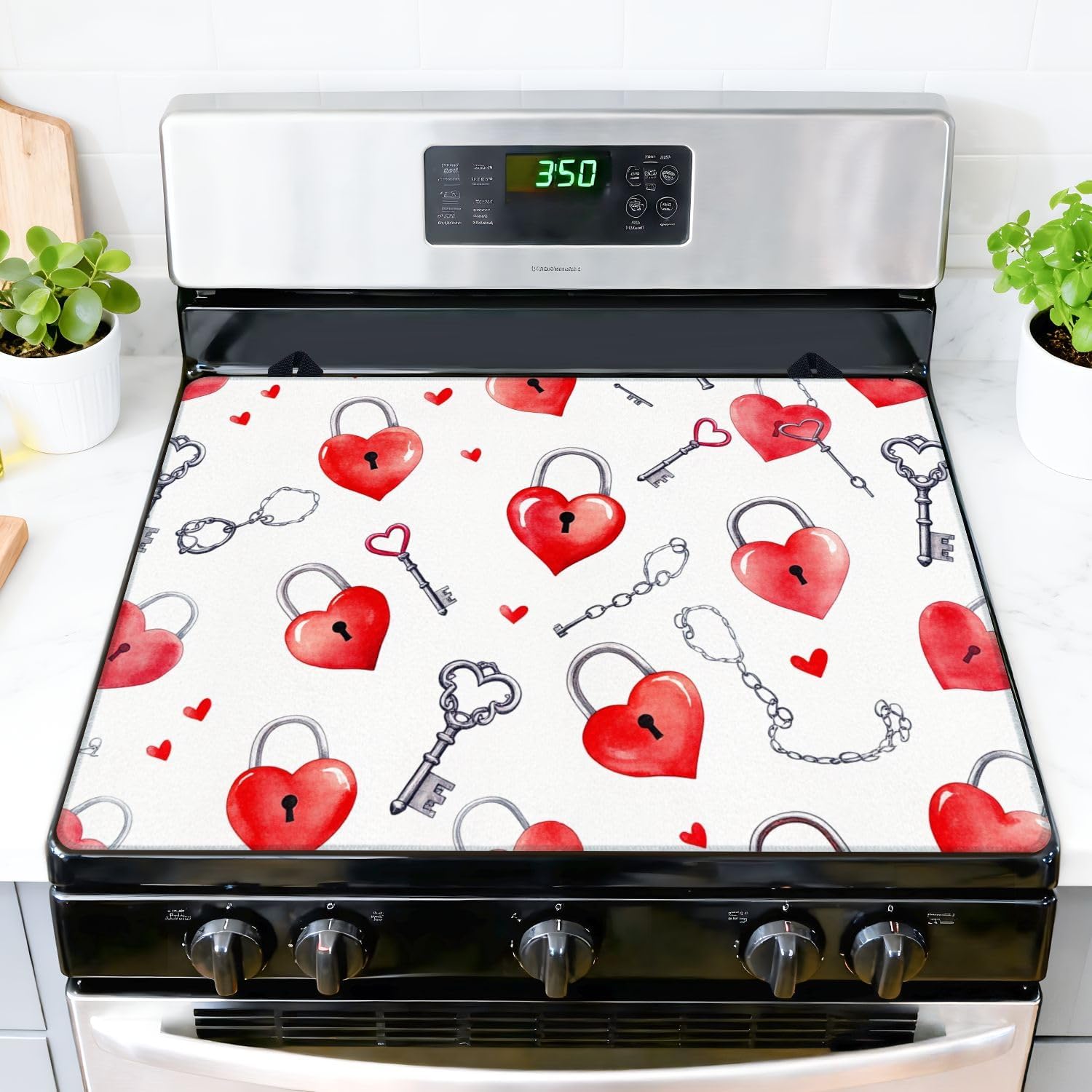 Stove Top Covers for Electric Stove Heart Padlocks Keys Seamless Red Watercolor Style Glass Cooktop Burner Covers Heat Resistant Protector Kitchen Decor Keep Stove Clean 28''x20''