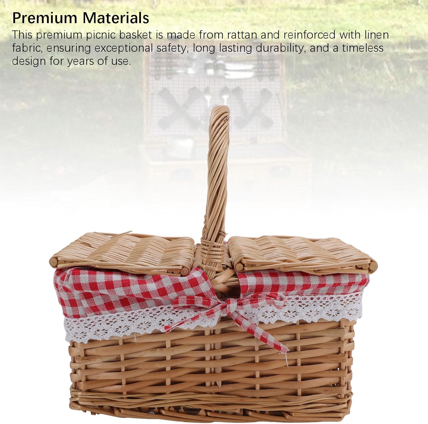 Wicker Picnic Baskets, Picnic Basket with Handle, Removable Liner Garden Harvest Basket for Flowers Fruits Vegetables (Red Plaid)