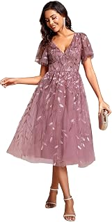 Prom Dress Leaf Sequin Evening Dresses Short Sleeve Tulle Midi Wedding G...