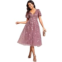 Ever-Pretty Prom Dress Leaf Sequin Evening Dresses Short Sleeve Tulle Midi Wedding Guest Dress 2230