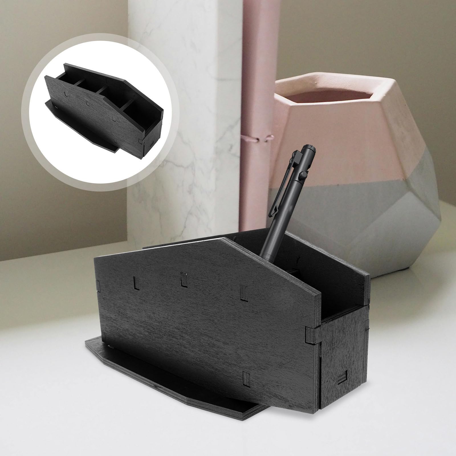 Abaodam 4 Pièces Pot à Pinceaux de Maquillage en Bois Foncé Forme Cercueil Style Gothique Unique pour Bureau ou Coiffeuse Rangement Polyvalent et Finition Soignée