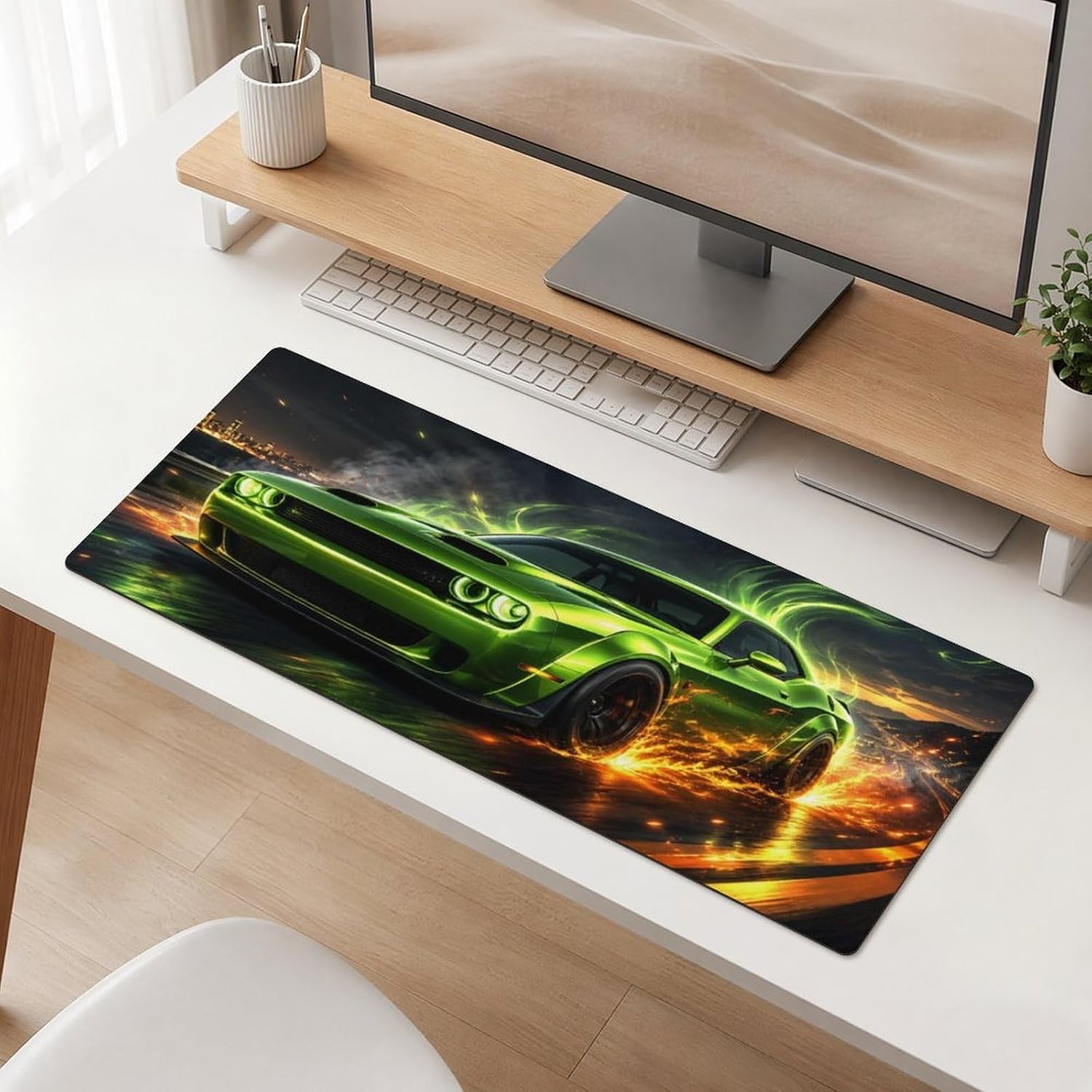 Electric Neon Green Muscle Car Racing Large Mouse Pad with Rounded Corners 31.5"x12", Non Slip Desk Mat for Computer Accessories Office Gaming Home