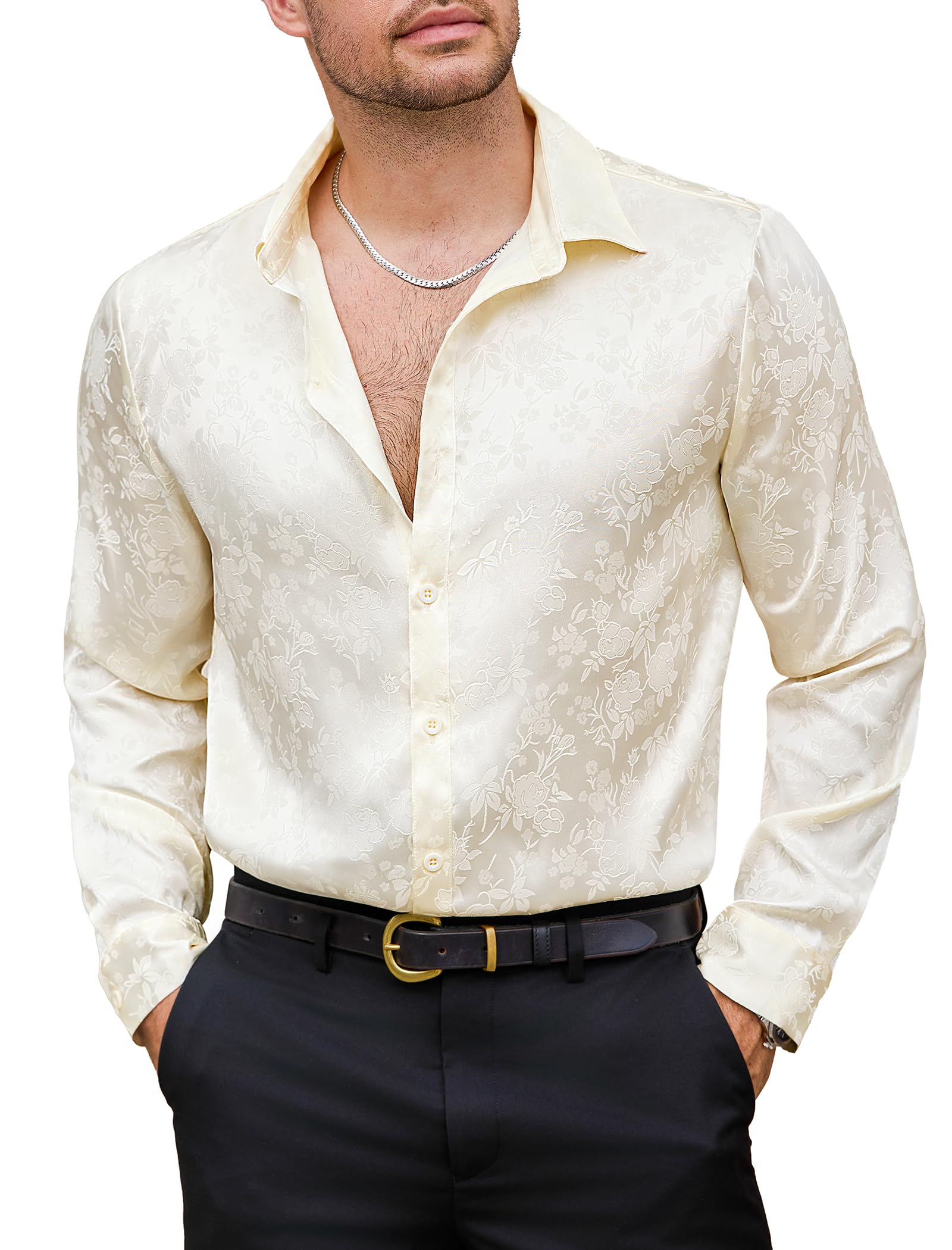 Vssjavun Mens Satin Dress Shirts Long Sleeve Silk Shirt Shiny Luxury Button Up Floral Shirt Party Prom Wedding Shirts