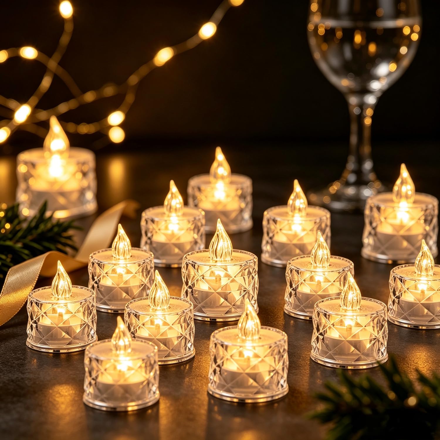 4-12 pcs Realistic and Bright Battery Operated Flameless LED Tea Lights Candles,Crystal Electric Fake Candles for Halloween Valentine's Day Weddings Christmas Party Festivals Decoration in Warm Yellow