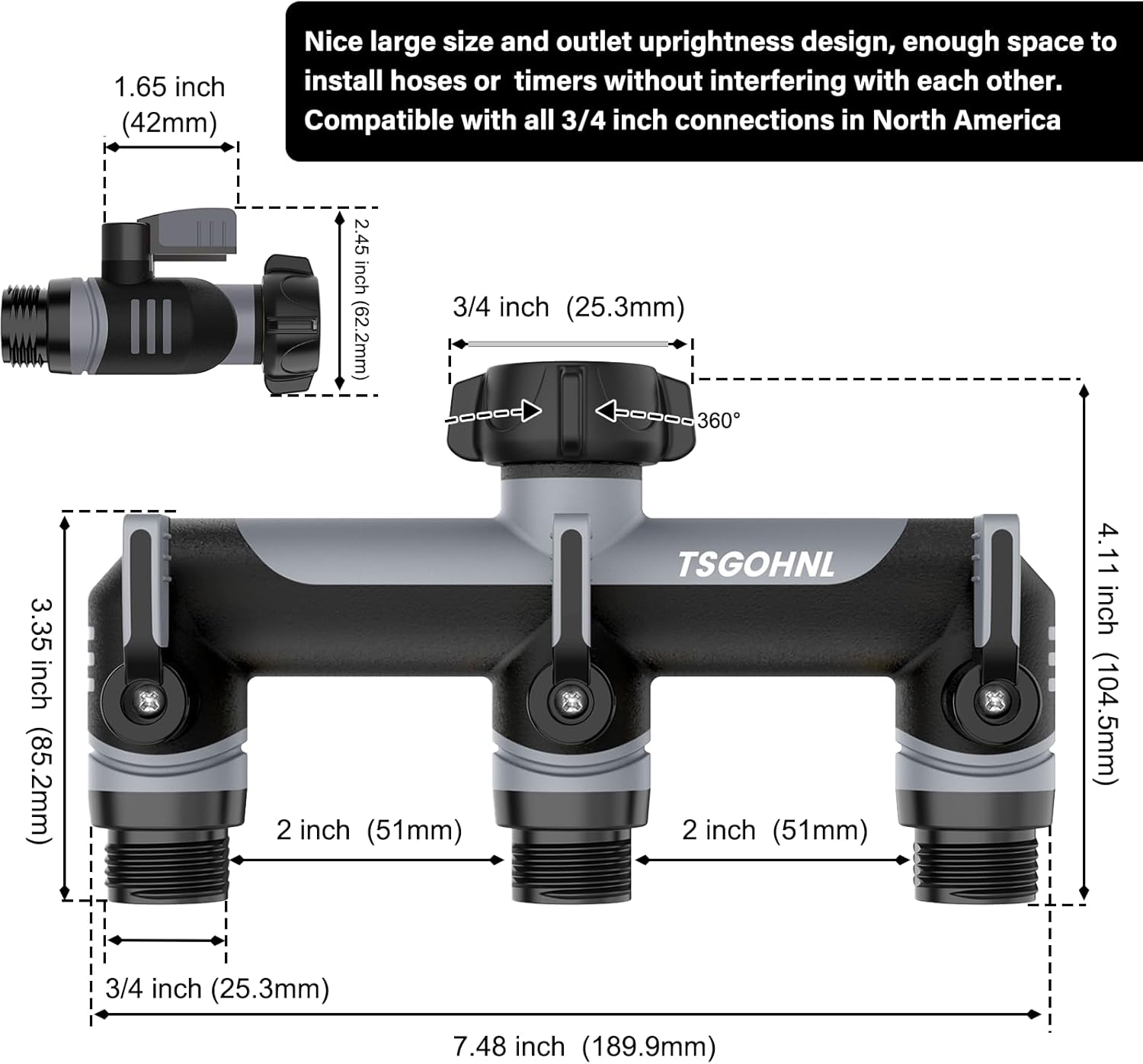 3-way&2-way Garden Hose Splitter, 3/4-Inch Hose Manifold, Outdoor Faucet Adapter - Soft TPR Covering - Lightweight Non-Slip Sun-Resistant 3-Way&2-way Valve（Gray）