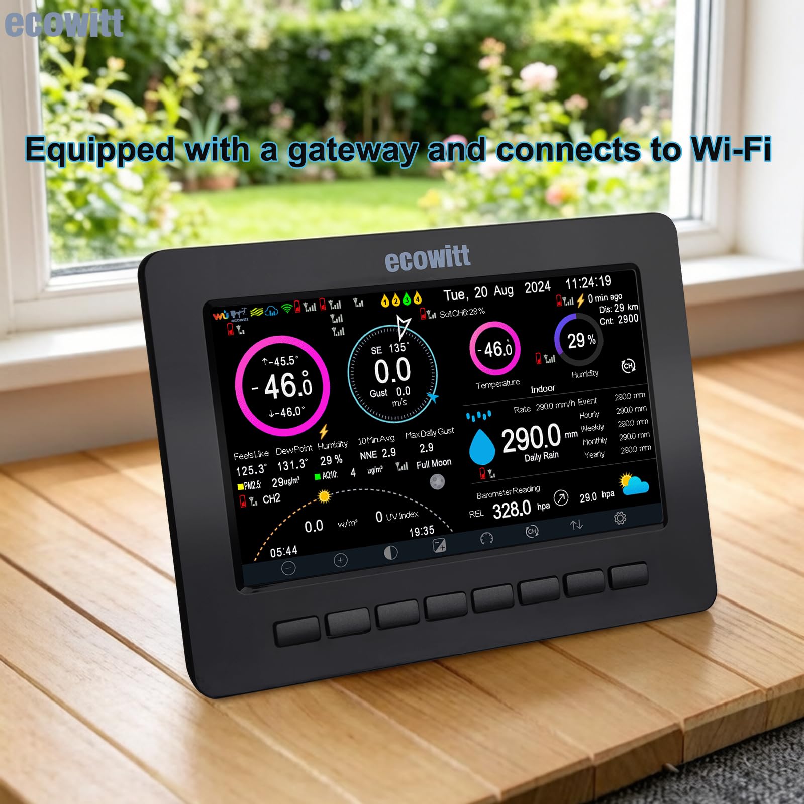 ECOWITT HP2552 stacja pogodowa 7 w 1, czujnik 4 w 1 WS68 + 7-calowa kolorowa konsola TFT Wi-Fi + czujniki temperatury i wilgotności do wewnątrz/na zewnątrz WH32 + deszczomierz WH40H