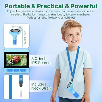 Digital Handheld Microscope for Kids: 3.0 Large HD Screen 32GB 1000X Portable Mini Microscopes with Camera Video Recording Slides Kit Science Educational Boys Girls Toy Gifts