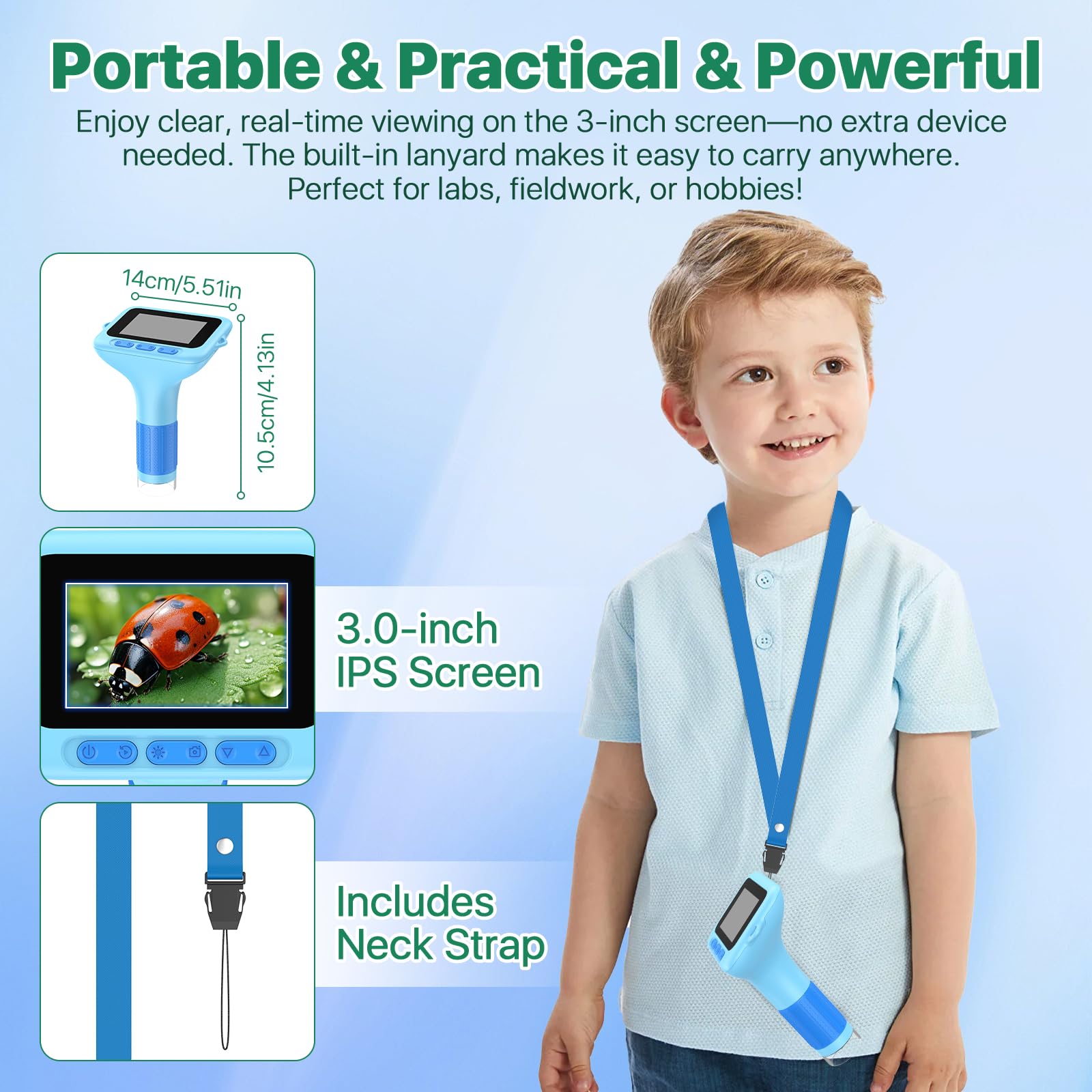 Mikroskop für Kinder, digital, tragbar, 7,6 cm (3,0 Zoll), großes Display, 1000 x Mikroskop, wiederaufladbar, Set mit biologischen Klingen, Lupe, wissenschaftliches Geschenk für Kinder