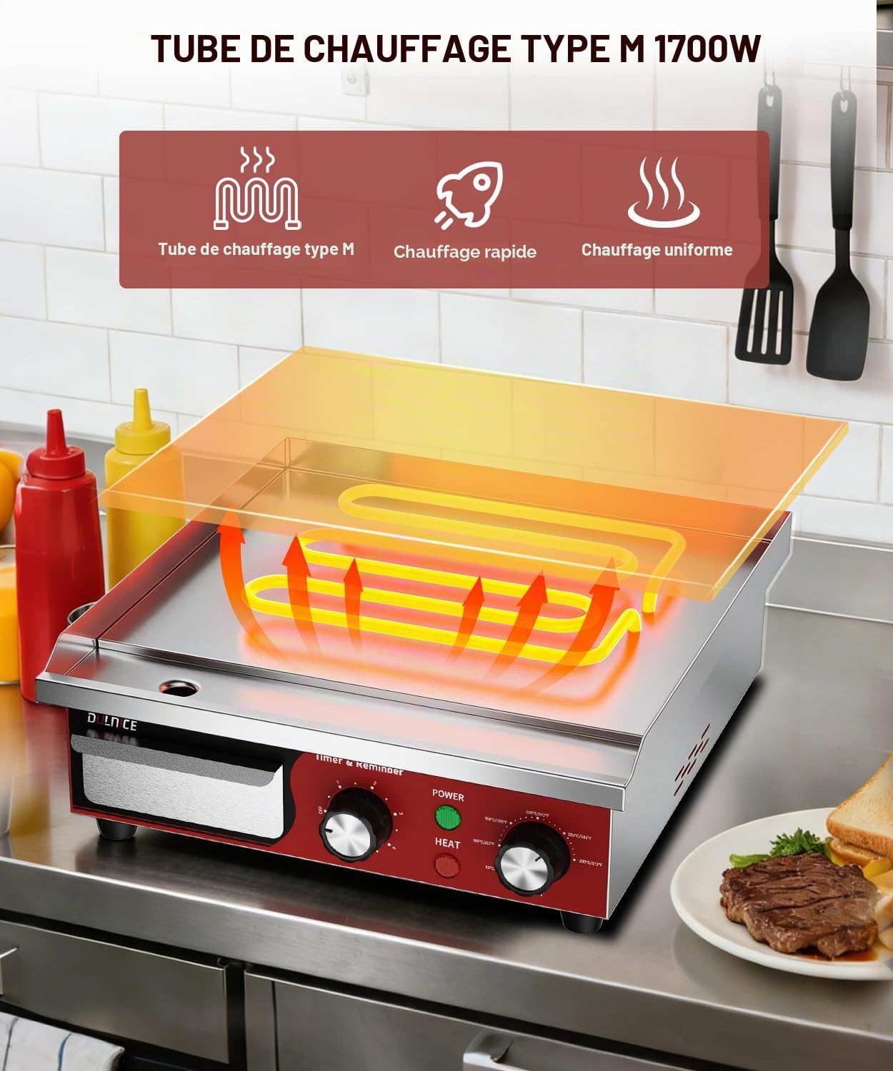 Plancha Électrique Professionnelle Inox 36cm, avec Minuterie 5min | 1700W Commerciale Plancha de Cuisson Grill Électrique, Thermostat Réglable 50-300°C, Grill de Table pour Restaurant et Maison