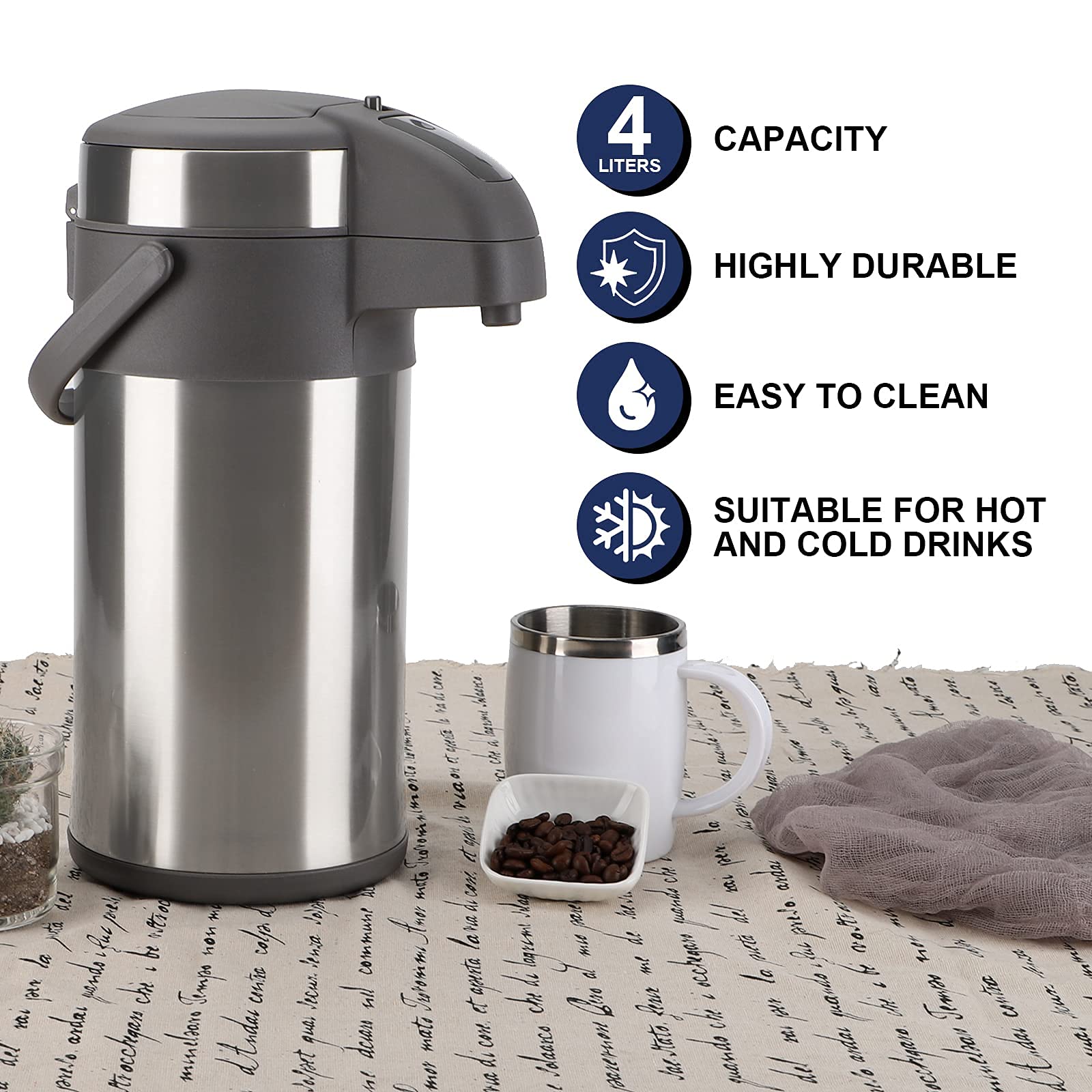 Cafetière isotherme à pompe de 4 l - En acier inoxydable - Double paroi - Avec mécanisme de pompe - Carafe à café pour 24 tasses - Argenté