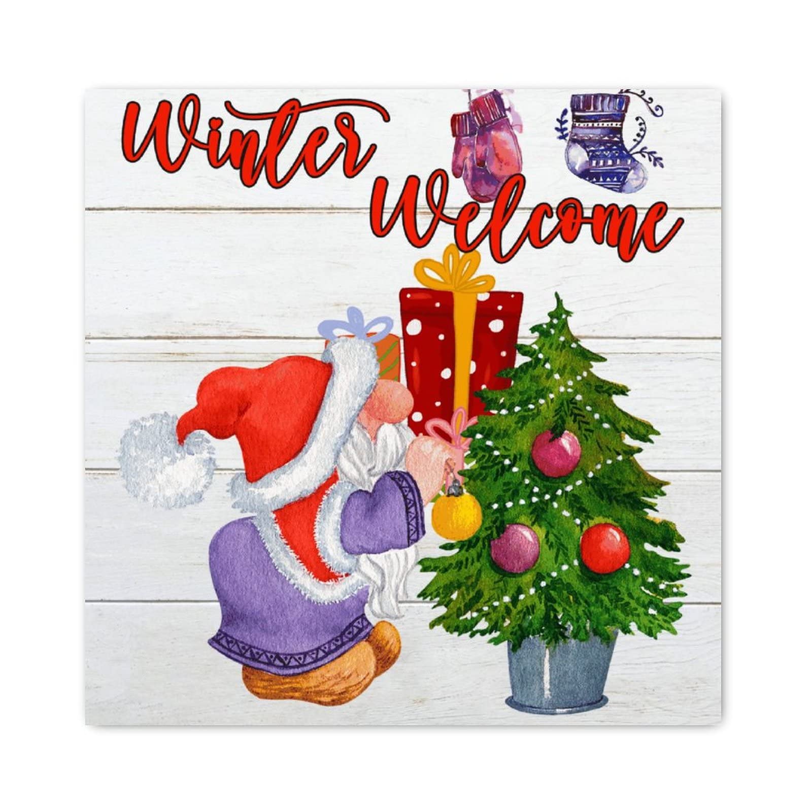 Panneau mural en bois sapin de Noël Welcome 30x30 cm rétro
