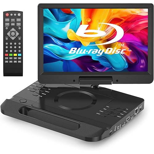 FANGOR 13.3’’ Portable Blu Ray Player with 12’’ 1080P Full HD Swivel Screen, Blu-ray DVD Player with HDMI Out & AV in, 4-5 Hours Rechargeable Battery, Support USB/Micro SD Card