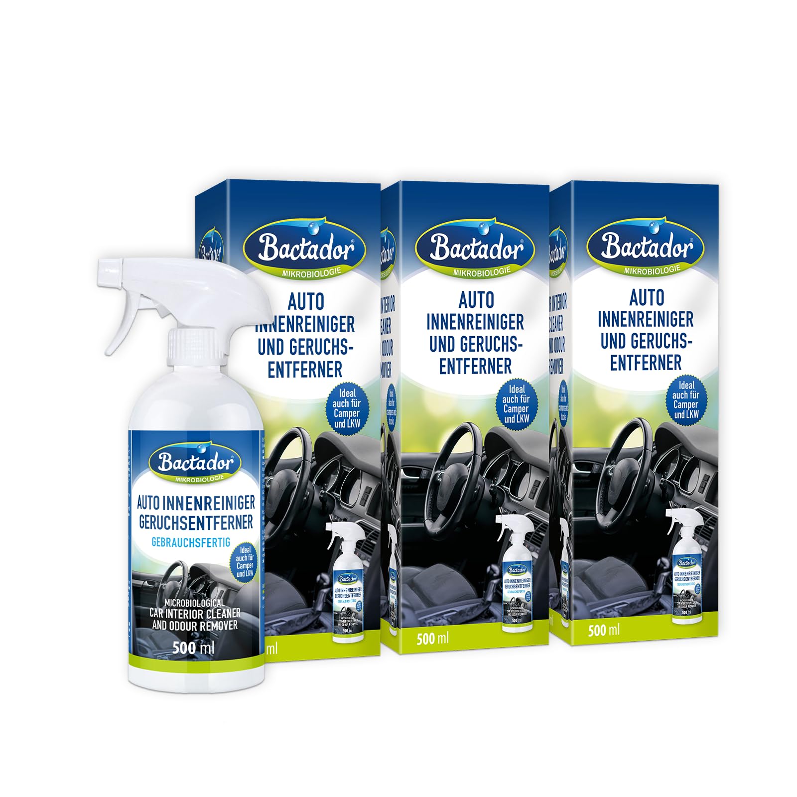Bactador Auto Innenraum Reiniger Spray 3 x 500 ml - Geruchsentferner - Cockpitpflege - Mikrobiologischer Innenraumreiniger - Cockpit Reiniger - Polsterreinger Auto - Enzymreiniger