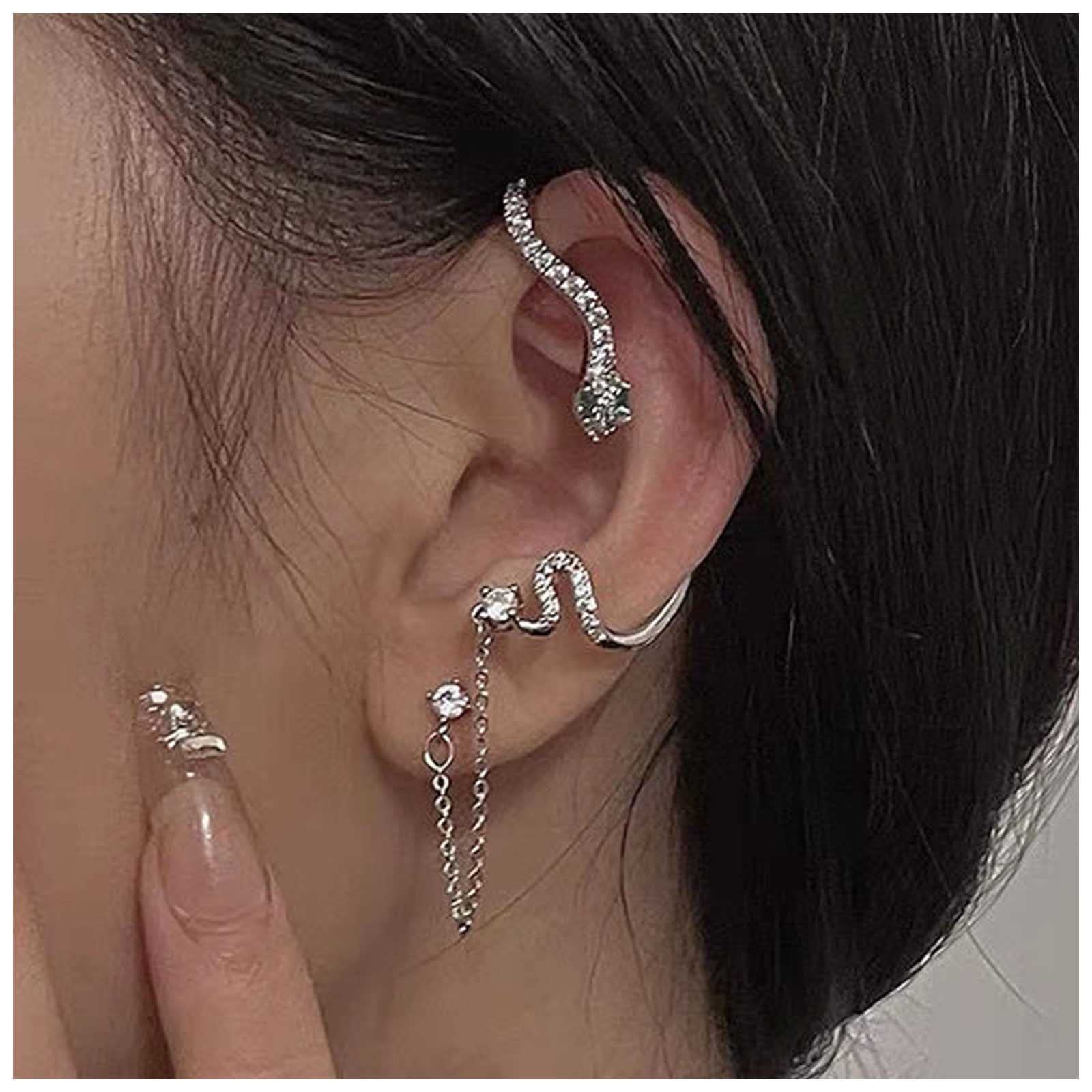 SttiafayPunk Rhinestone Snake Ear Climber Earrings - Crystal Snake Ear Cuff Chain Earrings in Silver