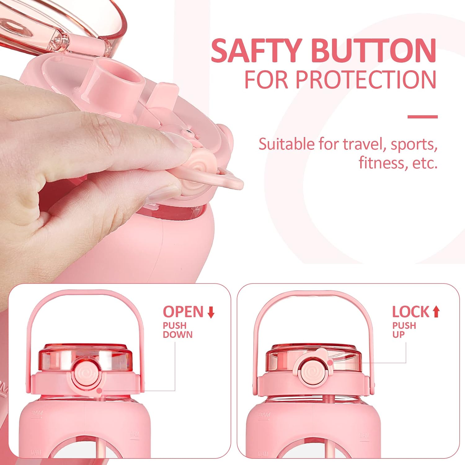 BLUEGO 64oz Glass Water Bottles with Straw Time Marker Half Gallon Large Motivational Water Bottle with Silicone Sleeve 2 Liter Large Glass Water Jug for Gym, Sports& Workout, Daily, Pink - Image 5