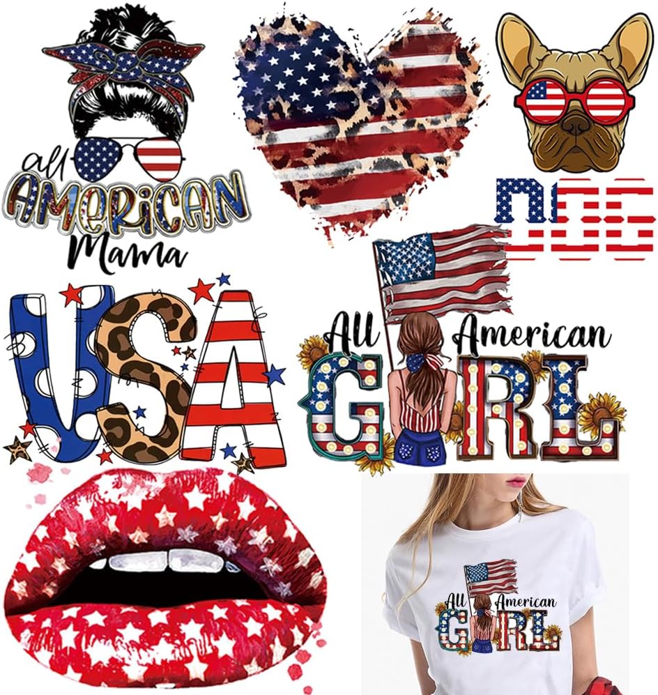 6Pcs 4th of July Patches Iron On Transfer for Clothing,4th of July Accessories Decorations Lips Cool Girl Heart Dog Patterns Thermal Applique Sticker On Clothes Heat Transfers (July 4th 02)