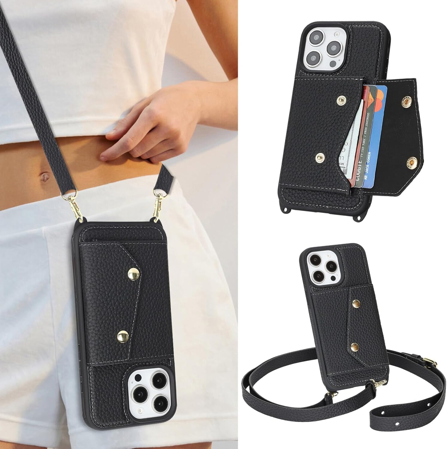 Jaorty Genuine Leather Wallet Case for iPhone 13 Pro Max/12 Pro Max, Necklace Lanyard Case Cover with Card Holder & Cash Pocket for Women Girls,Magnetic Snap,Anti-Lost Shoulber Strap 6.7 inch,Black