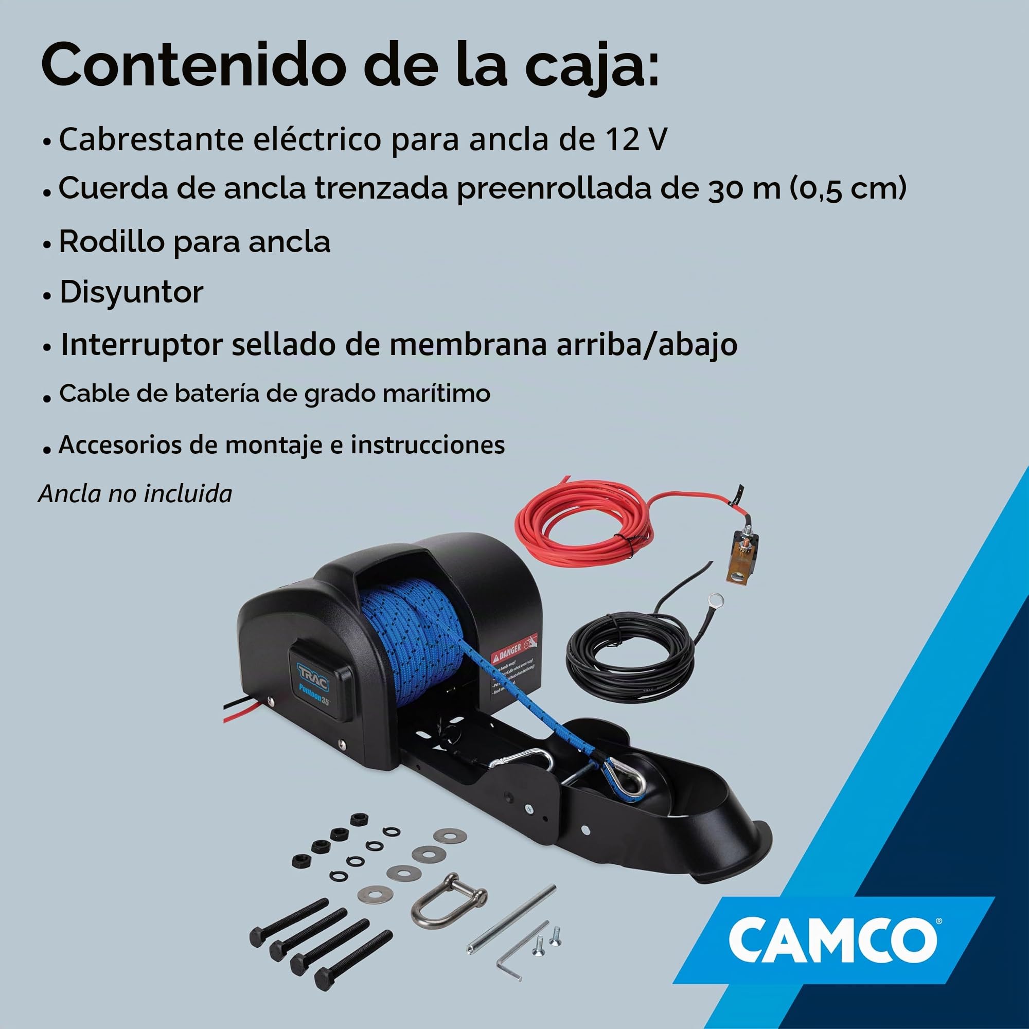 Camco, TRAC, 69003, Pontón de exterior 35-G3, cabrestante de anclaje eléctrico. Cuenta con un motor de engranaje de acero de alta eficiencia de 12 voltios de CC y 30,5 m de cuerda de anclaje de doble
