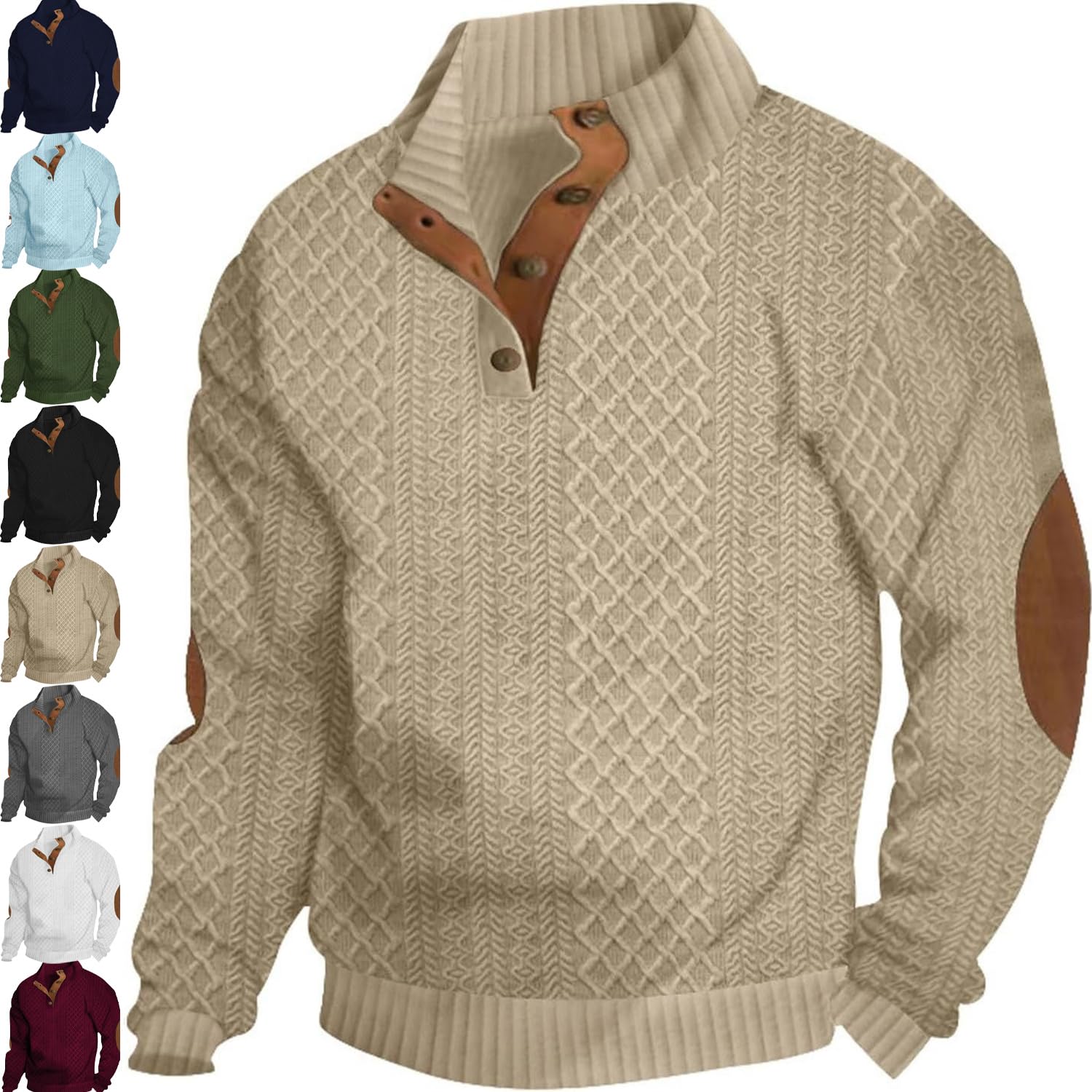 Men's Cable Knit Classic High Collar Pullover, Patches Casual Stand Collar Button Sweaters Elbow Patches