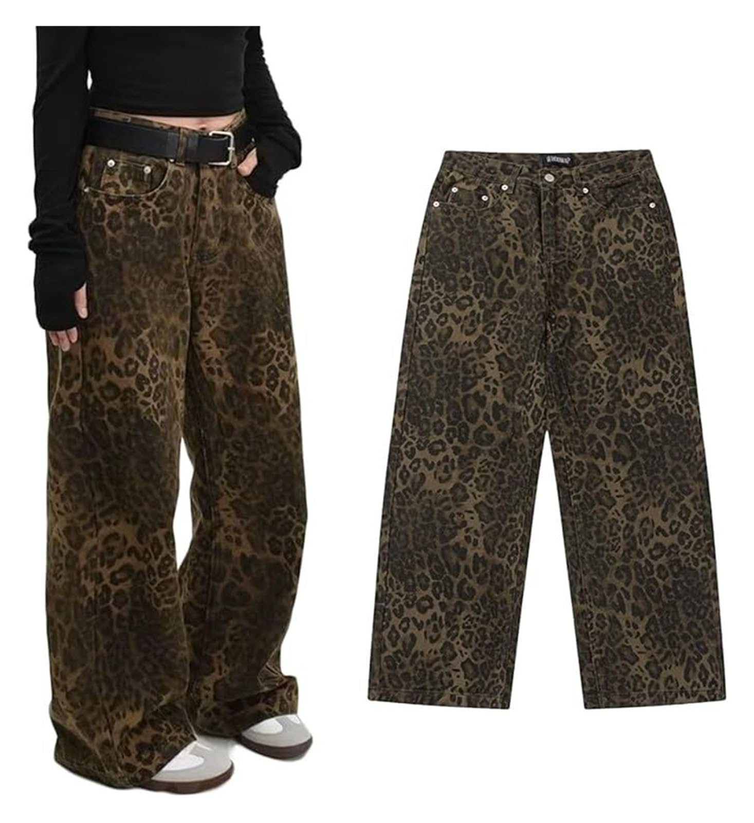 Dżinsy Y2k Leopard Print Jeans Proste Spodnie Z Szerokimi Nogami Z Kieszeniami, Vintage Loose Cargo Jeans Z Wysokim Stanem Dla Kobiet
