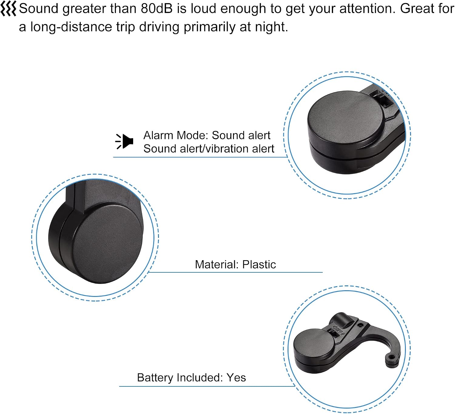 MECCANIXITY Driving Doze Reminder Anti Sleep Alarm 80dB J Shaped Plastic with Vibration Alert Black