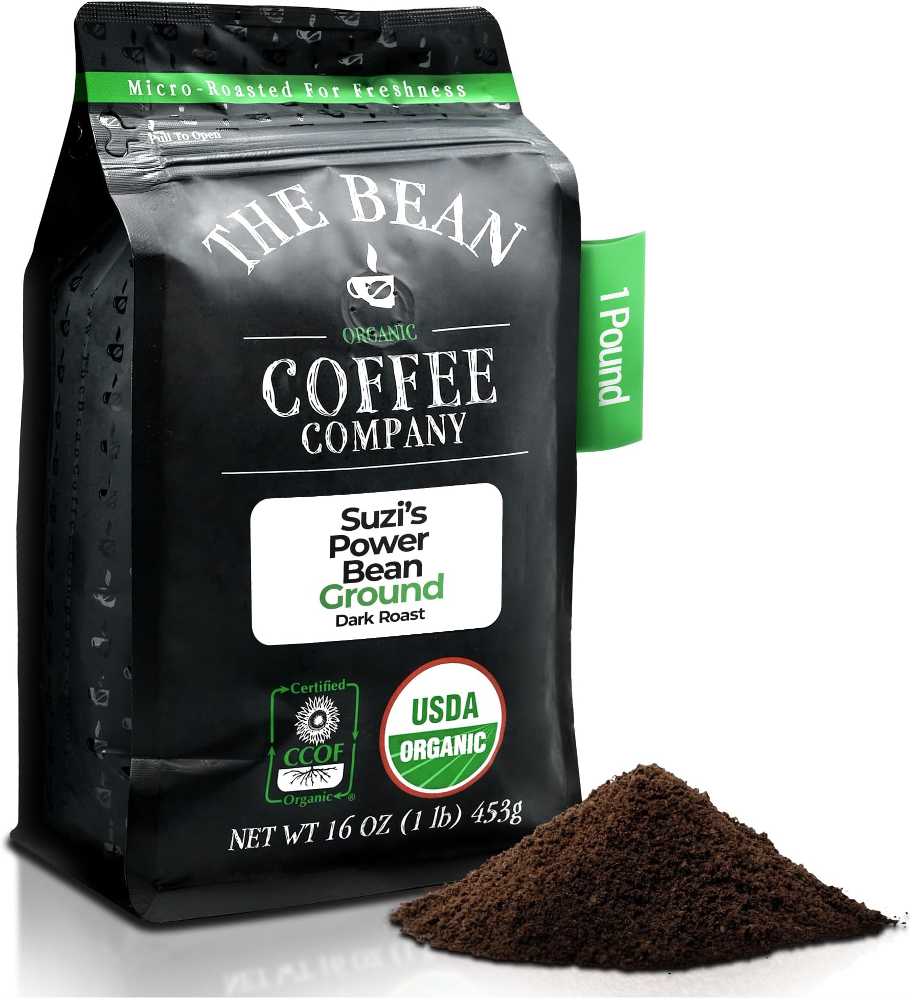 The Bean Organic Coffee Company Suzi's Power Bean, Dark Roast, Ground Coffee, 16-Ounce Bag, Café molido tostado orgánico