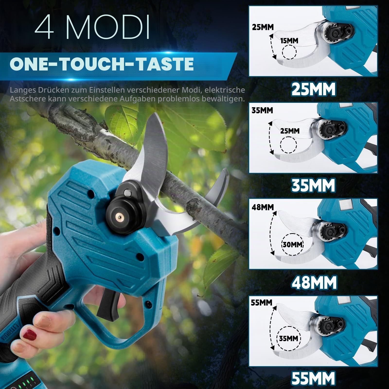 Astschere mit 8ft Verlängerungsstange+2x 2000mah Batterie, Max. Öffnung 57 mm, 40 mm Schnittdurchmesser, LCD Display Elektrische Gartenschere für Äste, Blumen