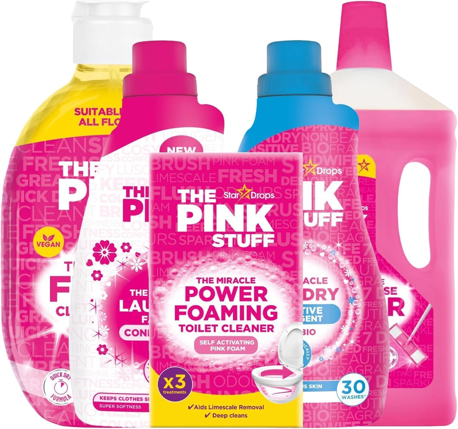Pink Stuff 5-Item Cleaning Bundle Gift Set 1 Non bio Laundry Liquid 32 Washes, All Purpose Floor Cleaner 1L, Fabric Conditioner 32 Washes, Foaming Toilet Cleaner, Direct To Floor Cleaner 750ml