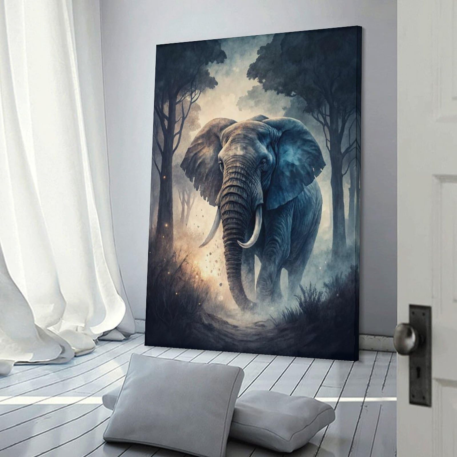 Junmoney Elephant in A Misty Forest Hanging Wall Art, 24x36inch(60x90cm), for Gallery Wall Decor And Room Displays, Home Wall Art for Statement Displays