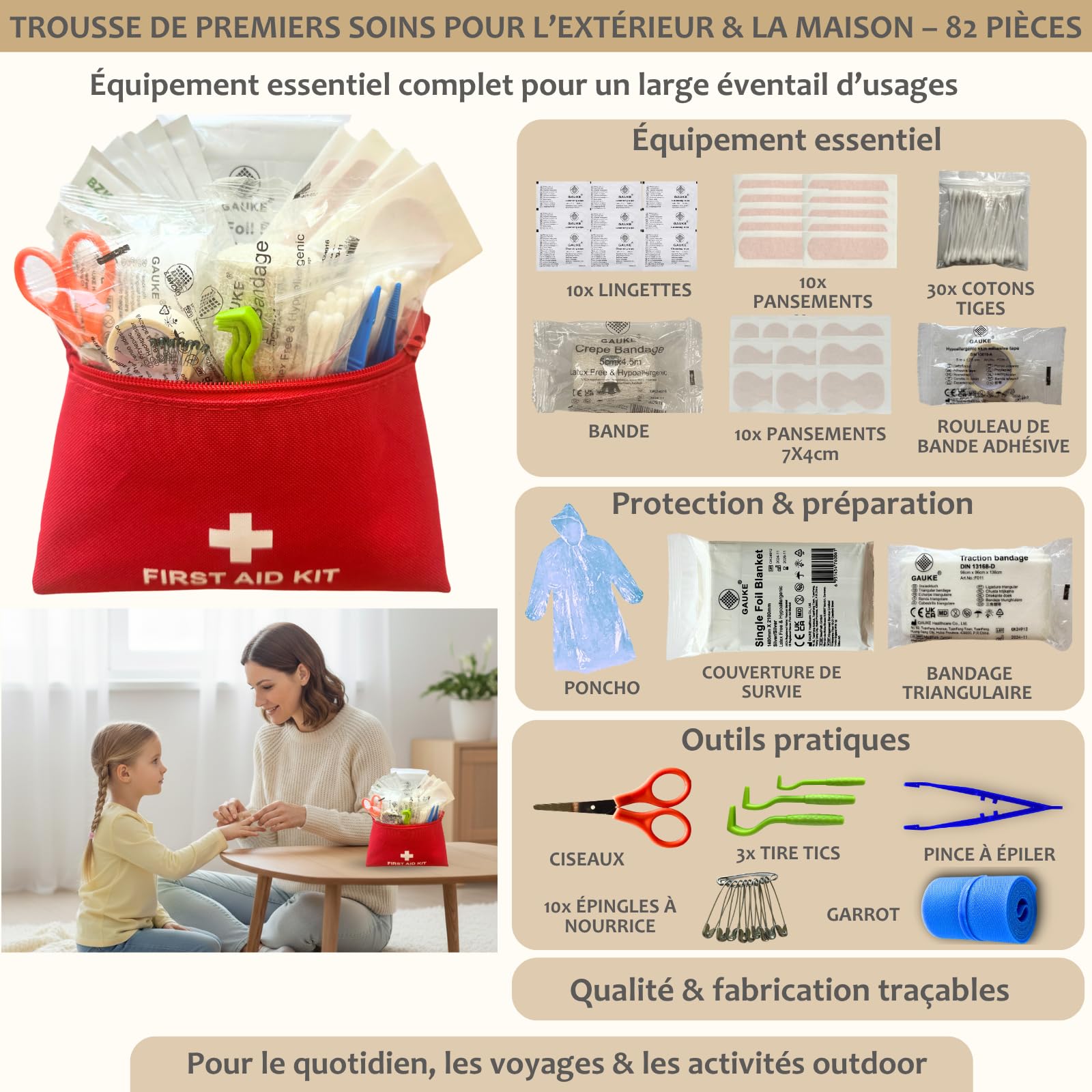 Kit de Survie Complet BIRKOSCH – 16 Outils + 82 Pièces Premiers Secours