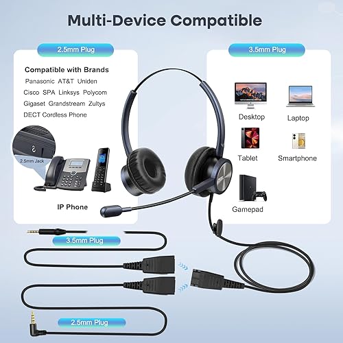 Miniatura 3 de Auriculares para teléfono con conector de 0.098 in y 0.138 in para teléfono de escritorio, teléfono celular, PC, laptop, CallCenter, auriculares de