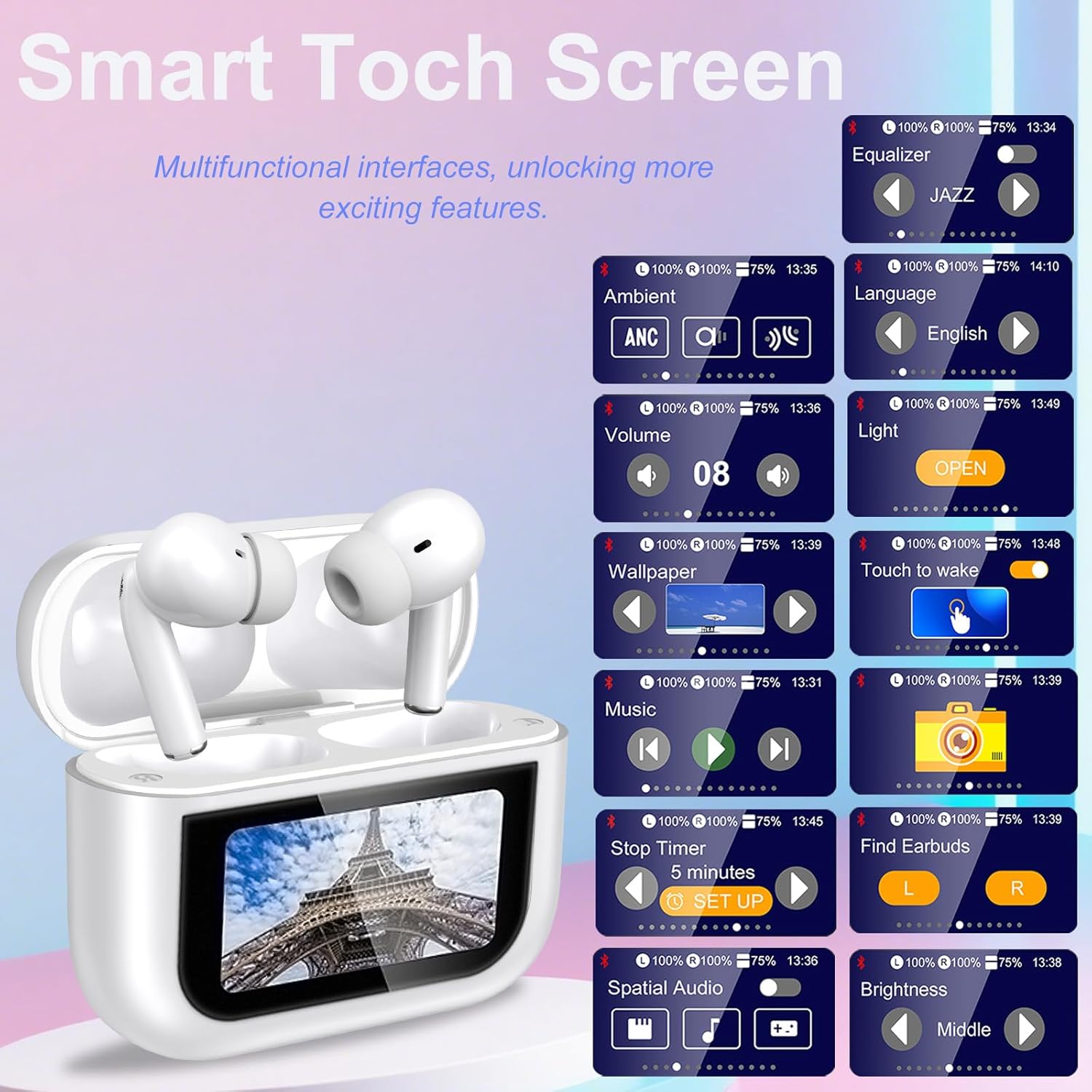 Wireless Earbuds, Earphones Wireless Bluetooth 5.4 In Ear Headphones, 40H Hifi Sound ANC Noise Canceling Earbuds, Touch Screen Ear Buds Multifunctional Headsets for Android/IOS Work Gym Sports (White) - Image 3