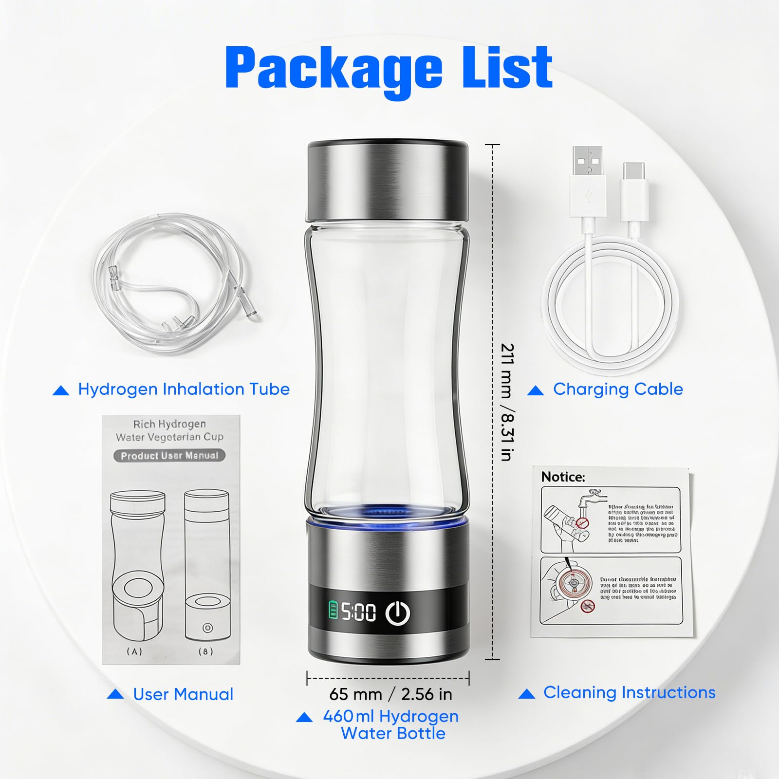 Bouteille d'eau hydrogénée avec affichage numérique, 460 ml Bouteille d'eau hydrogénée portable en verre avec technologie 5200 PPB & SPE, eau riche en hydrogène en 5 minutes (5200 PPB - 460 ml)