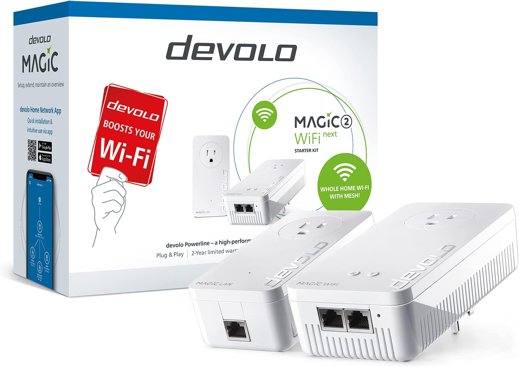 devolo Magic 2 WiFi next Powerline Starter Kit | Mesh Wi-Fi AC | 2000 Mbps | G.hn Wave 2 | Multi-User MIMO | 2 Passthrough Adapters | 3x Gb LAN Ports [2+1] | Plug & Play | Best for smart devices