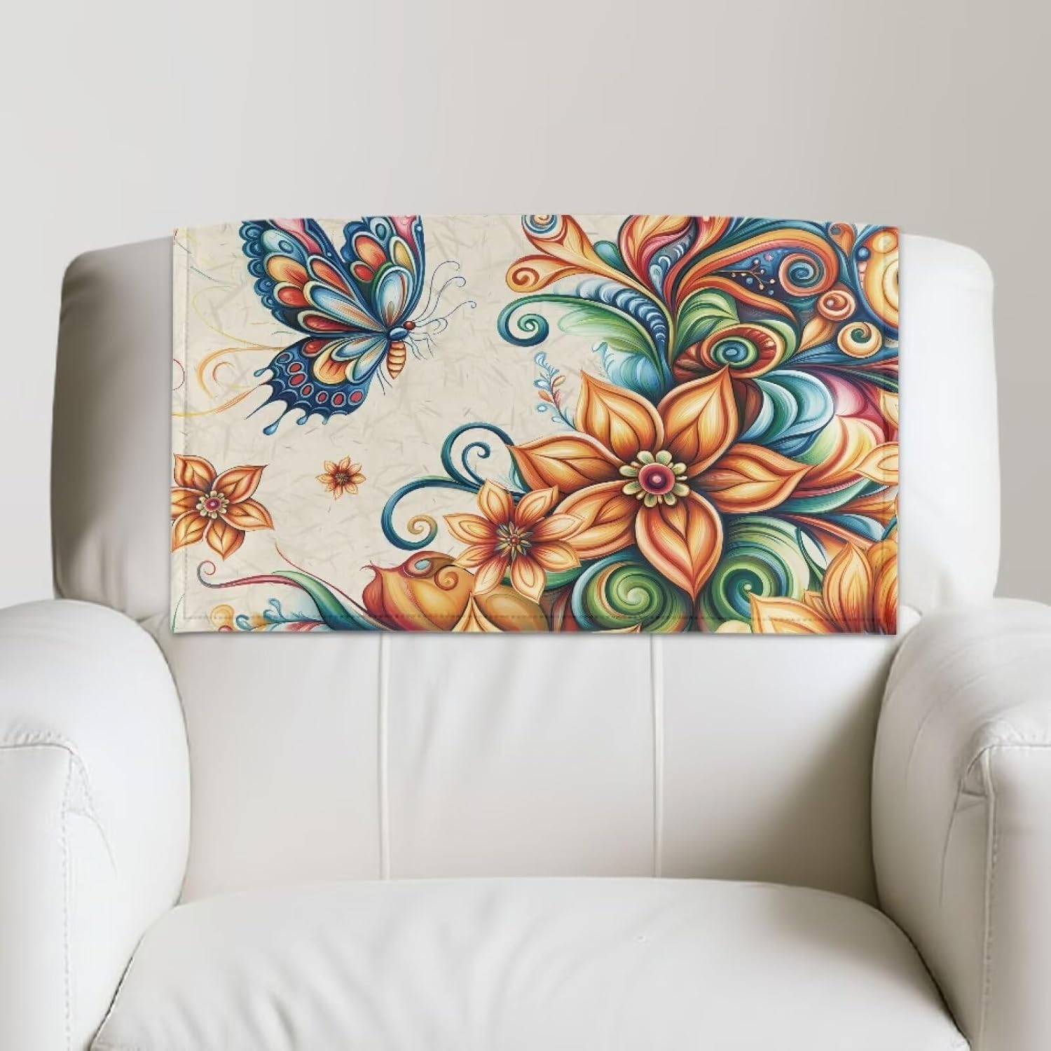 Butterfly Floral Decorative Recliner Headrest Cover Dustproof Recliner Headrest Protector Faux Leather Reclining Sofa Covers with Loop & Hook, 2 Pieces