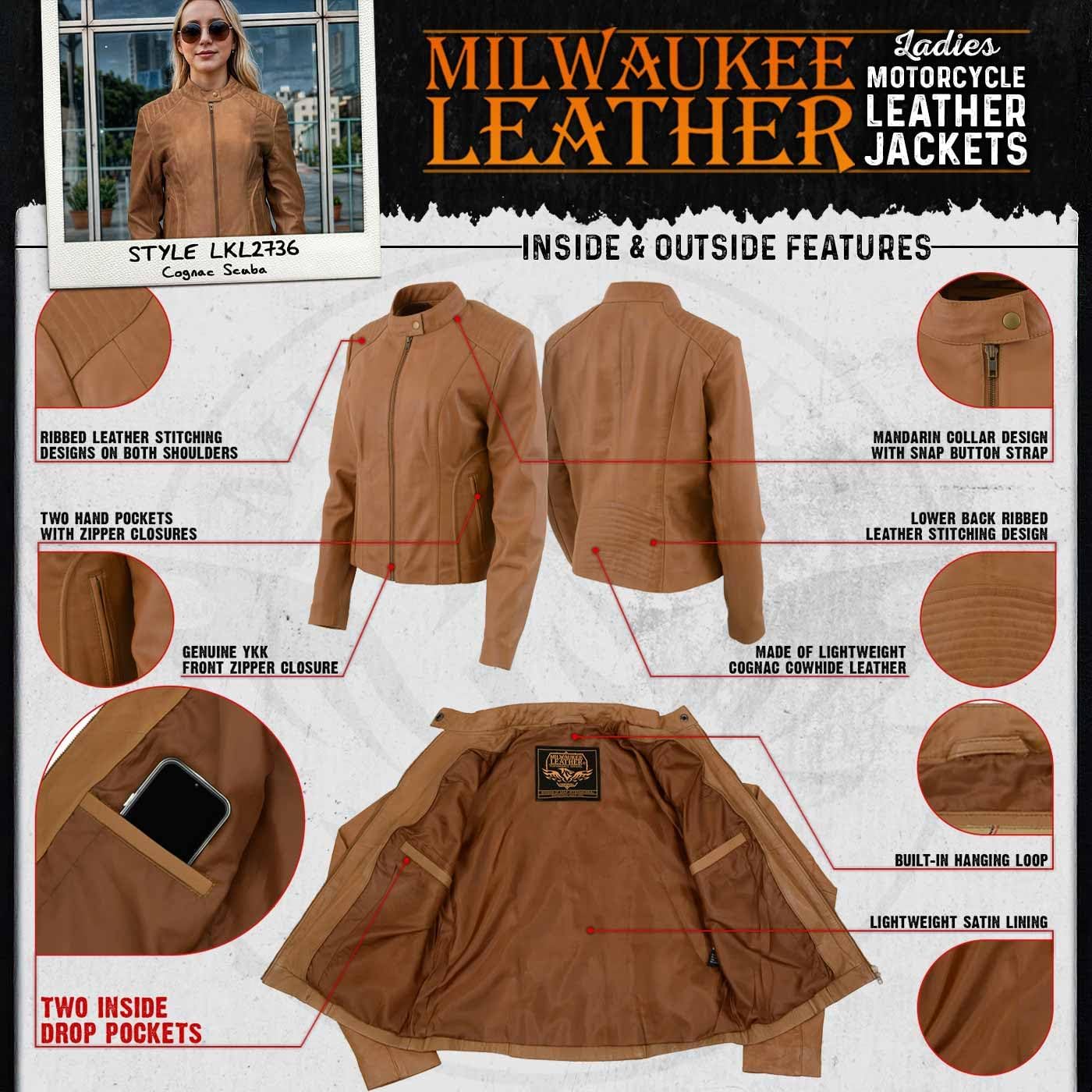 Milwaukee Leather LKL2736 Women's Cognac Premium Leather Scuba Style Biker Jacket w/Mandarin Collar - Image 2
