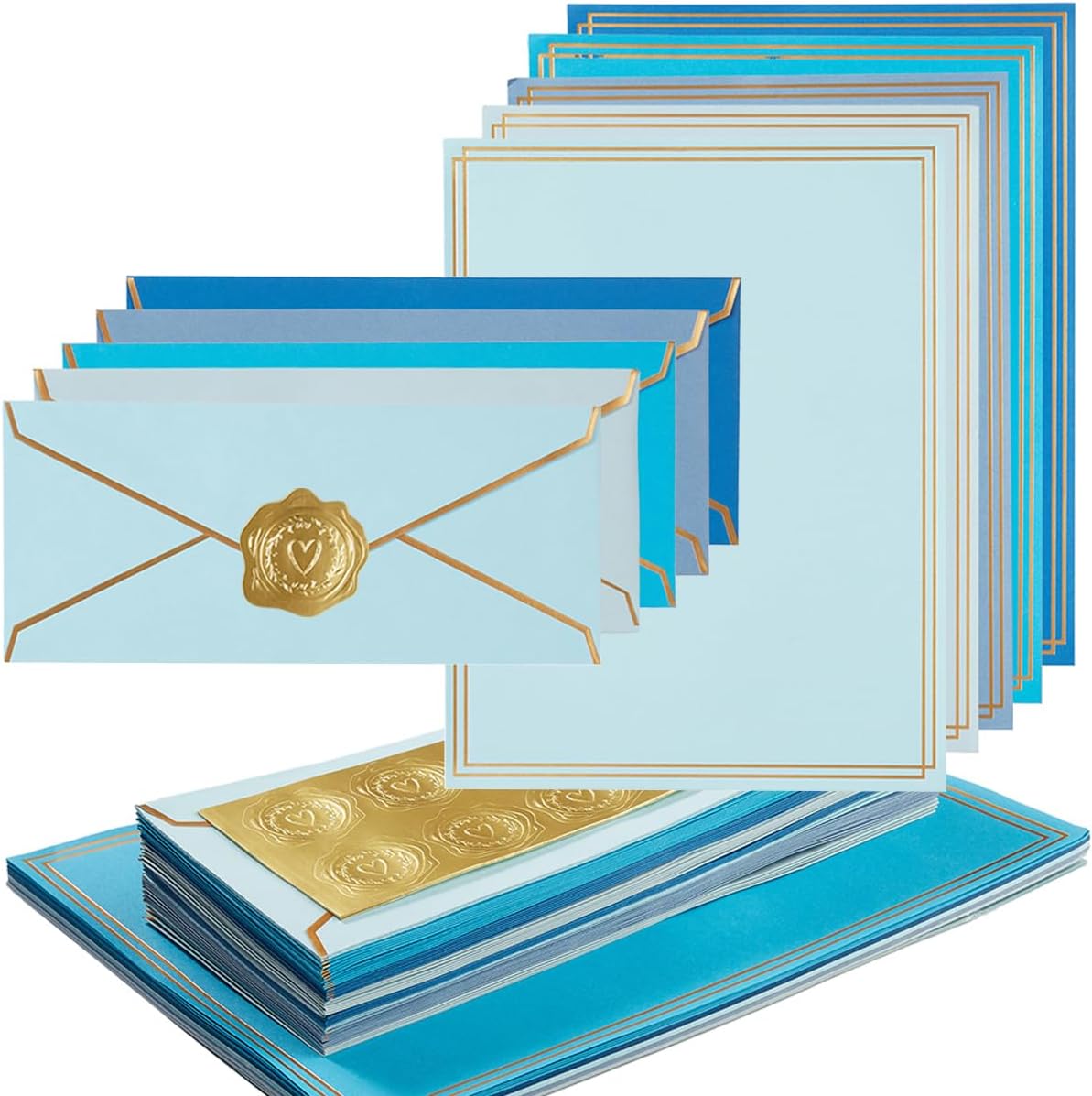50 Pack 5 Colors Stationery Set with Envelopes, Blue, 8.5x11 Inches