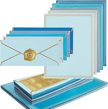 50 Pack 5 Colors Stationery Set with Envelopes, Blue, 8.5x11 Inches