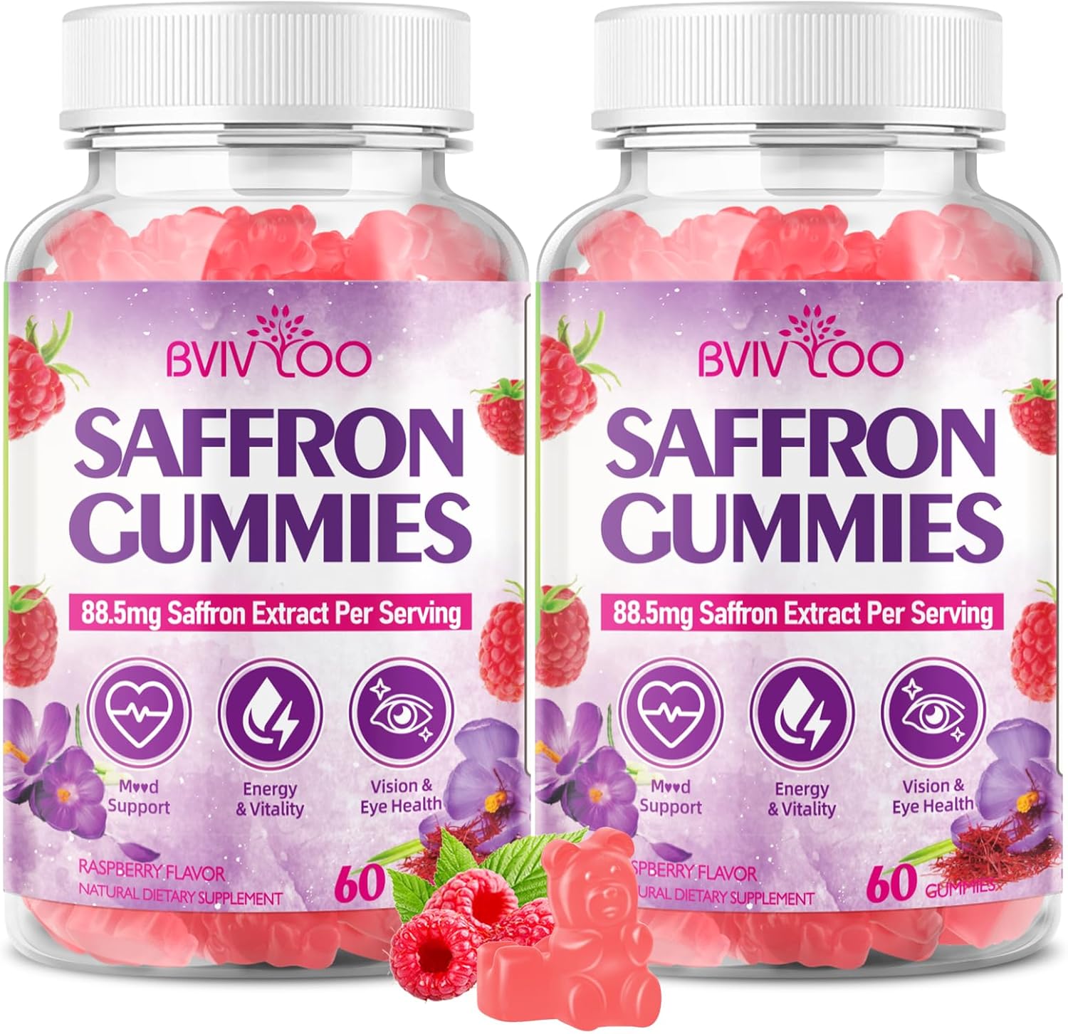 Saffron Gummies for Adult Kids, 10-IN-1 Formula with Saffron 88.5mg, Vitamins D3 & B6, Magnesium, Zinc, Ashwagandha, L-Theanine, St. John's Wort - Supports Mood & Focus, Raspberry Flavor, 120 Count