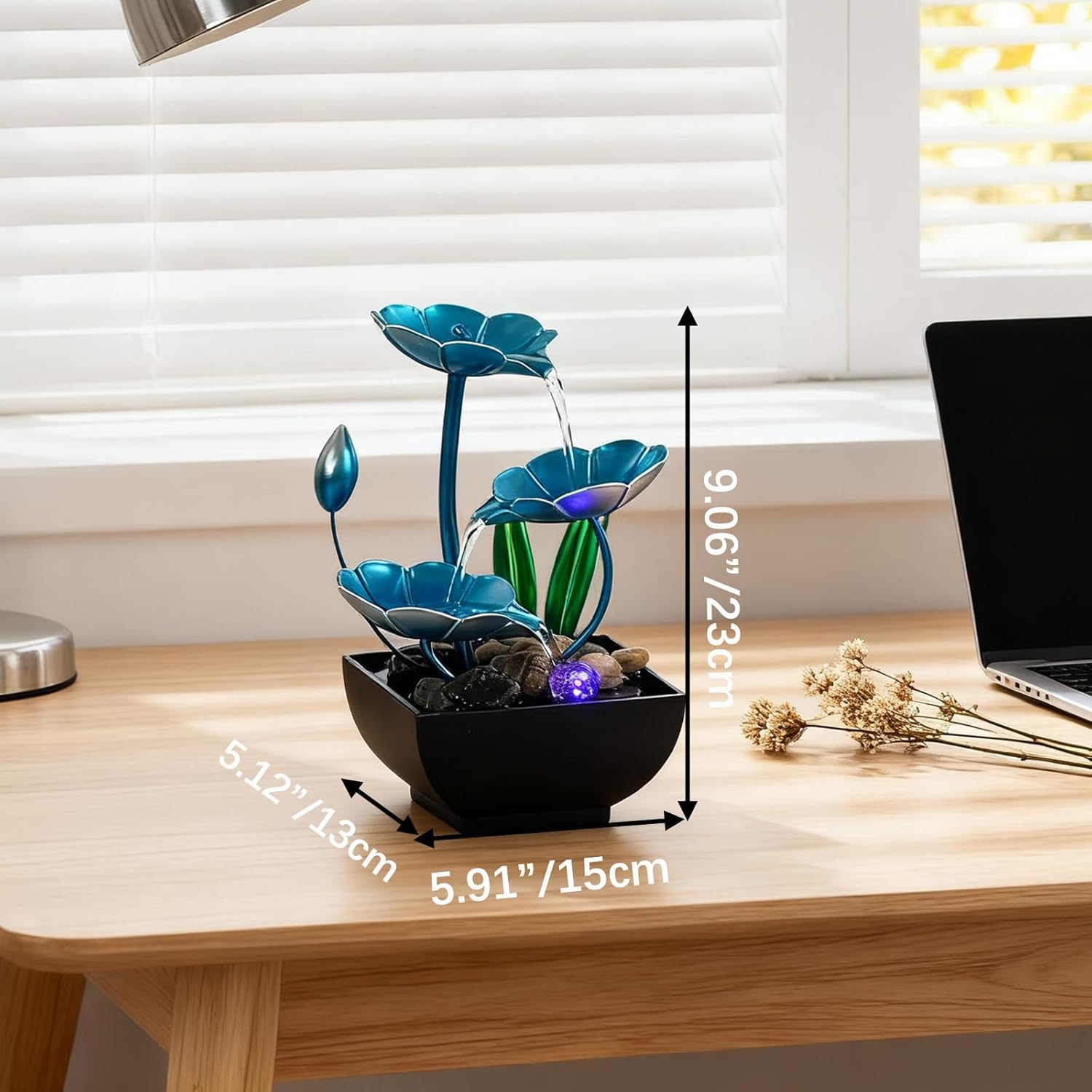 AOZITA Tabletop Fountain, Indoor Waterfall Fountain, Small Home Décor Zen Relaxation Soothing Sound Machine for Office, Living Room, or Bedroom,Blue Metal Lotus with Bud, River Rocks, LED