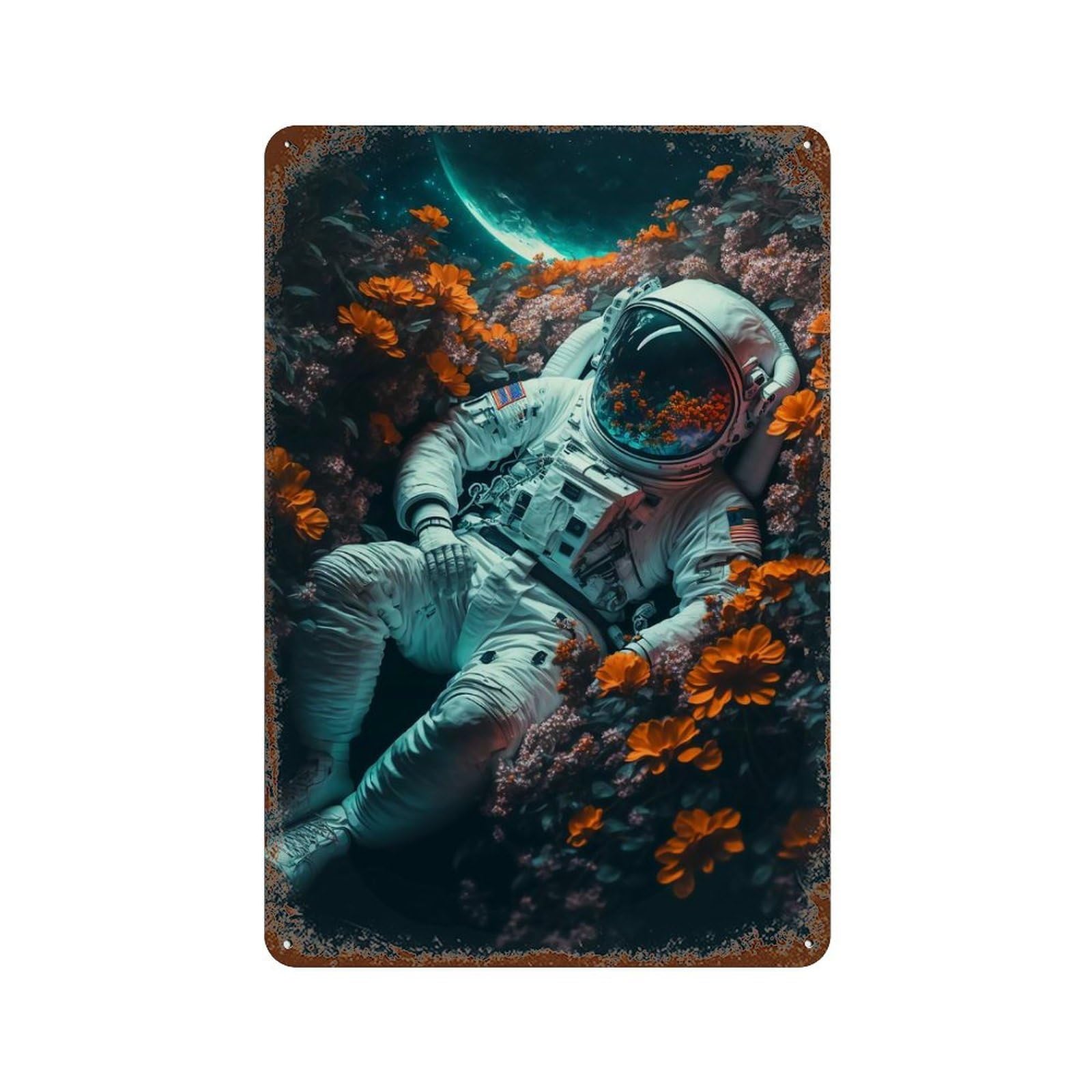 Astronaut Among Flowers Weathered Tin Sign 11.8"x7.9", Classic Wall Plaque for Garage, Bar And Workshop Decor