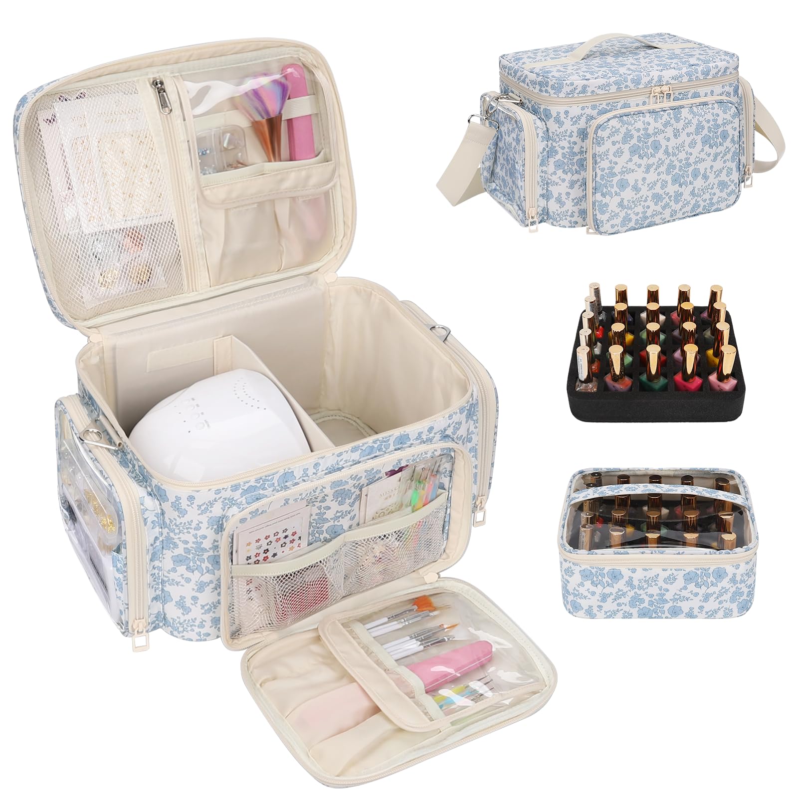 Photo 1 of Bagmoly Nail Polish Organizer, Nail Polish Storage Holds 42+ Bottles & Nail Lamp, Portable Travel Nail Kit Storage Carrying Case Fits Nail Suppiles, Gift for Manicurist, Grils - Blue Flower