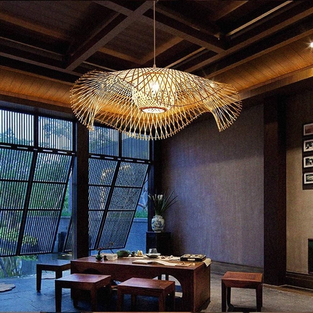 BLOOHK Hand-Woven Natural Bamboo Pendant Light, Rustic Hanging Chandelier, E27 Height Adjustable Ceiling Lamp for Dining Room, Living Room
