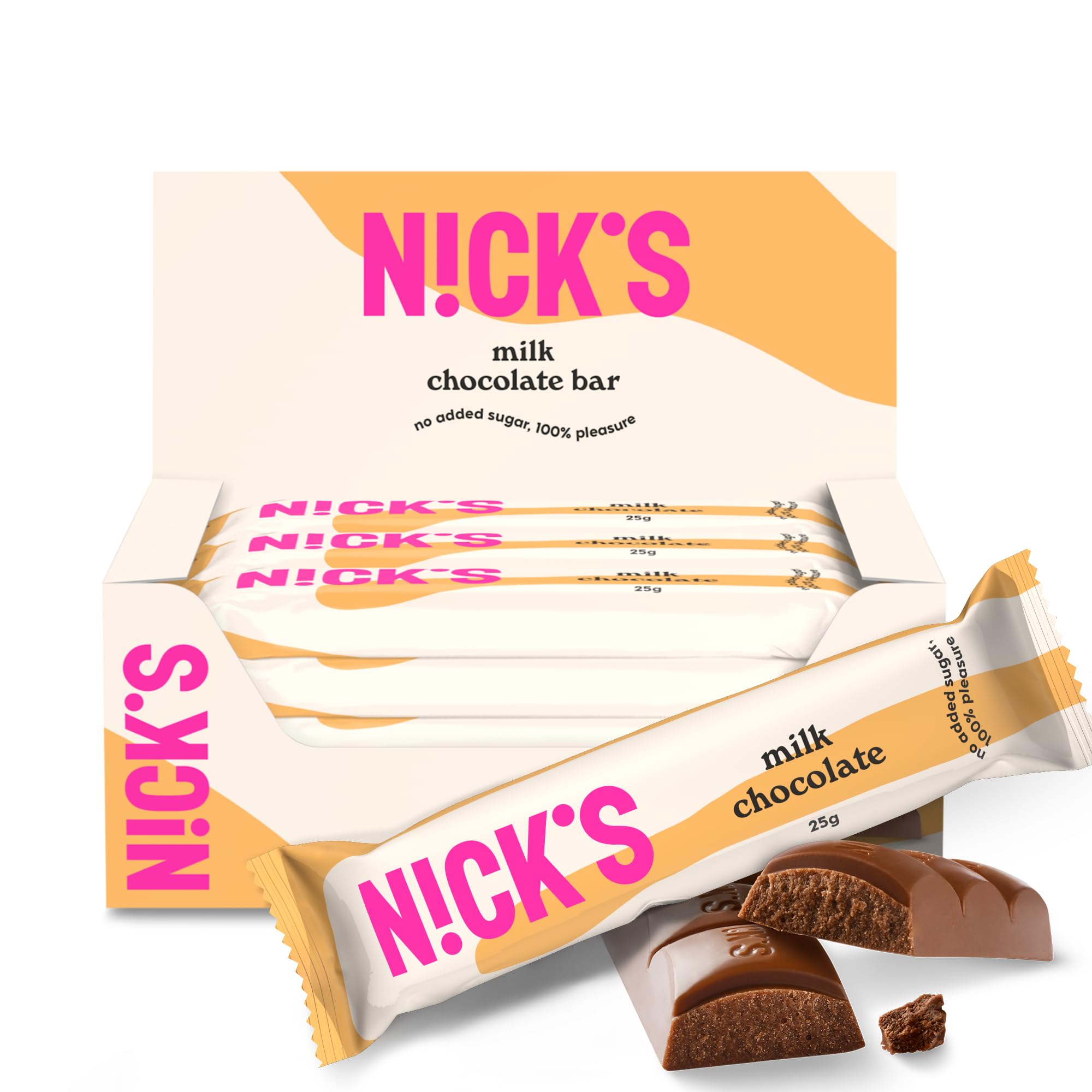 NICKS Milch-Schokolade Keto Riegel ohne Zuckerzusatz, 112 Kcal, 3,4g Netto-Kohlenhydraten, Low carb Süßigkeiten, Glutenfreie Snack bar (15x25g)