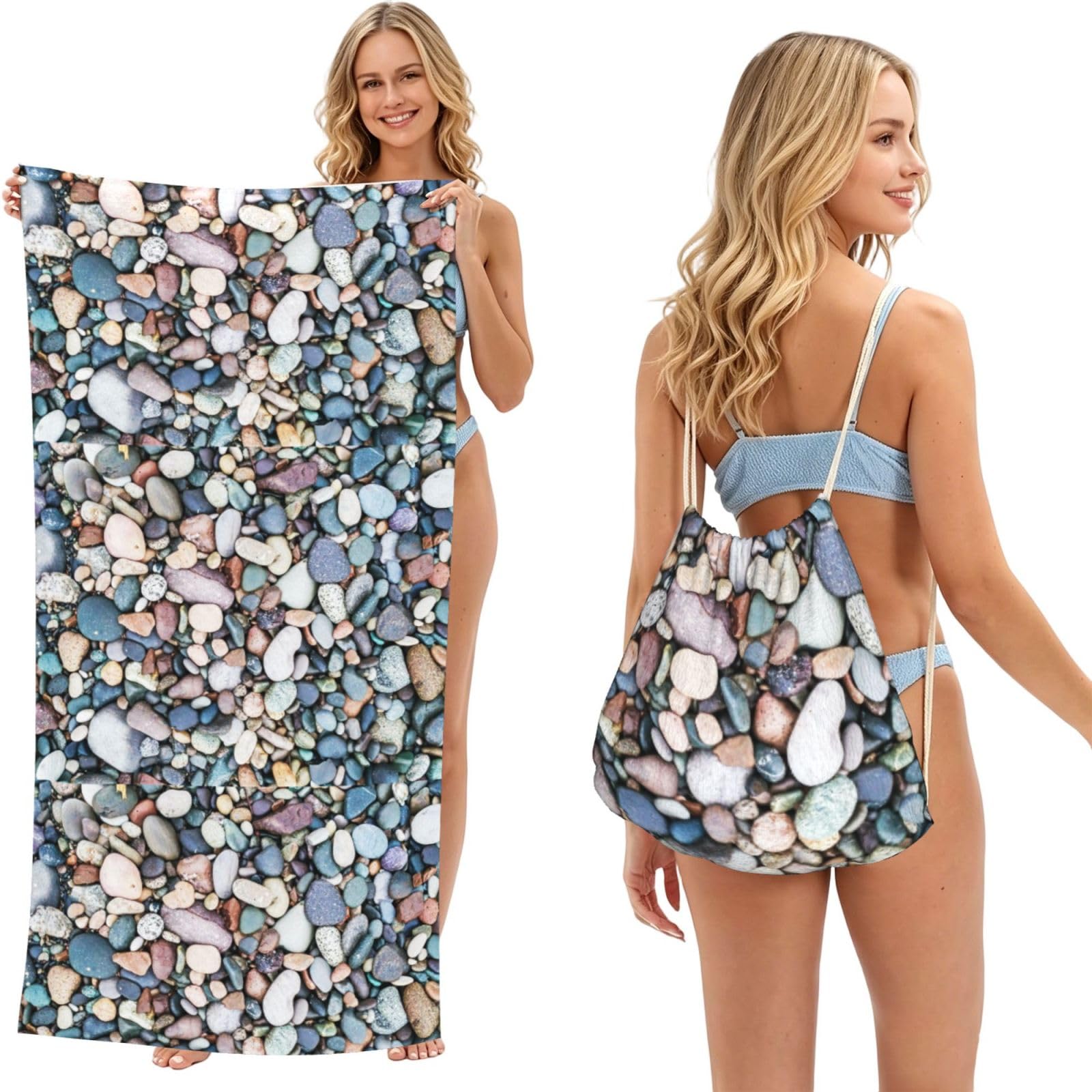Poadnly As Picture Beach Colored Pebbles Print, 2 In 1 Packable Towel Bag, Beach Towels With Drawstring Backpack For Travel Holiday Camping