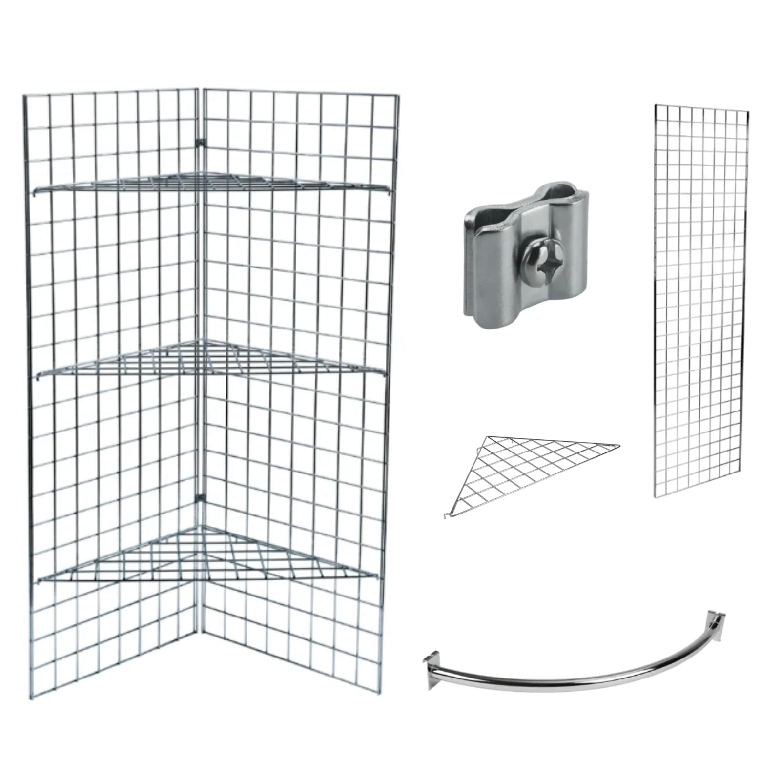 6ft Gridwall Mesh Display with 2 Quarter Hanging Rails and 4 Triangular Shelves – H1830mm x W610mm – 6ft x 2ft