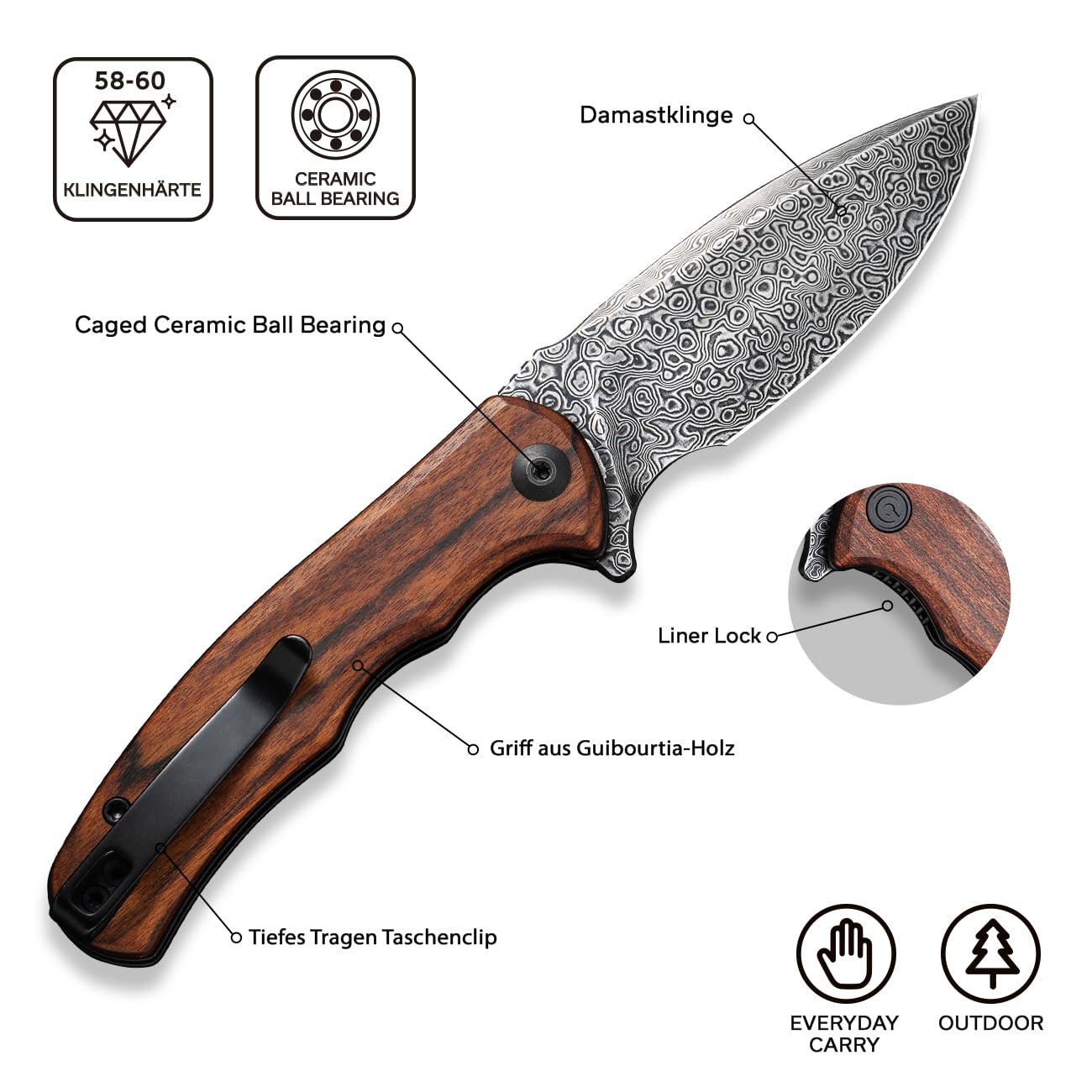CIVIVI Mini Praxis Klappmesser mit 7,56 cm Damastklinge und Guibourtia-Holzgriff C18026C-DS1