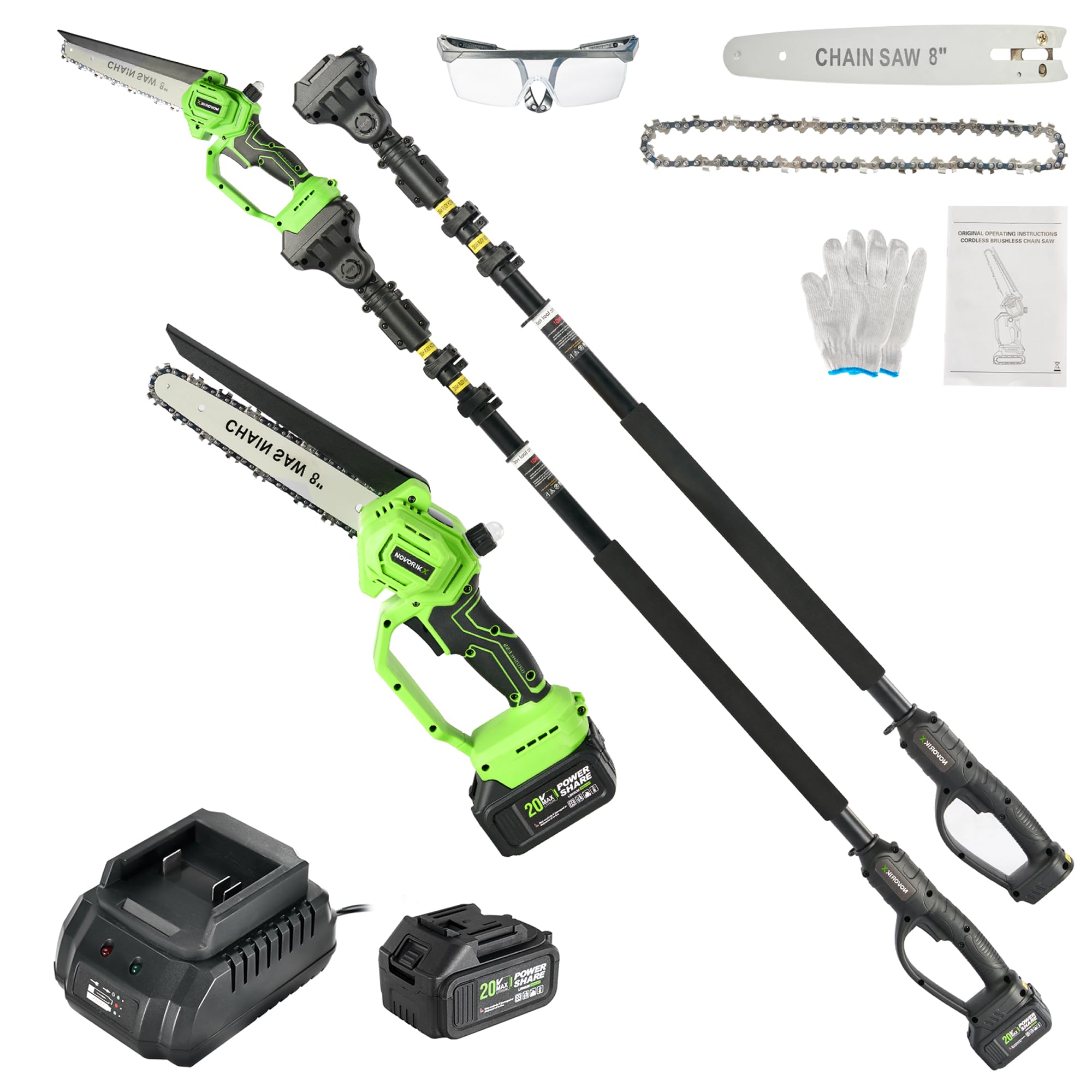 NovorikX 2-in-1 Akku Hochentaster & Kettensäge 20V - Bürstenloser Motor 8 Zoll Astsäge mit 3m Teleskopstiel, 3Ah Akku, Arbeitshöhe bis 4,57m, Teleskop-Kettensäge Set inkl. Schutzausrüstung