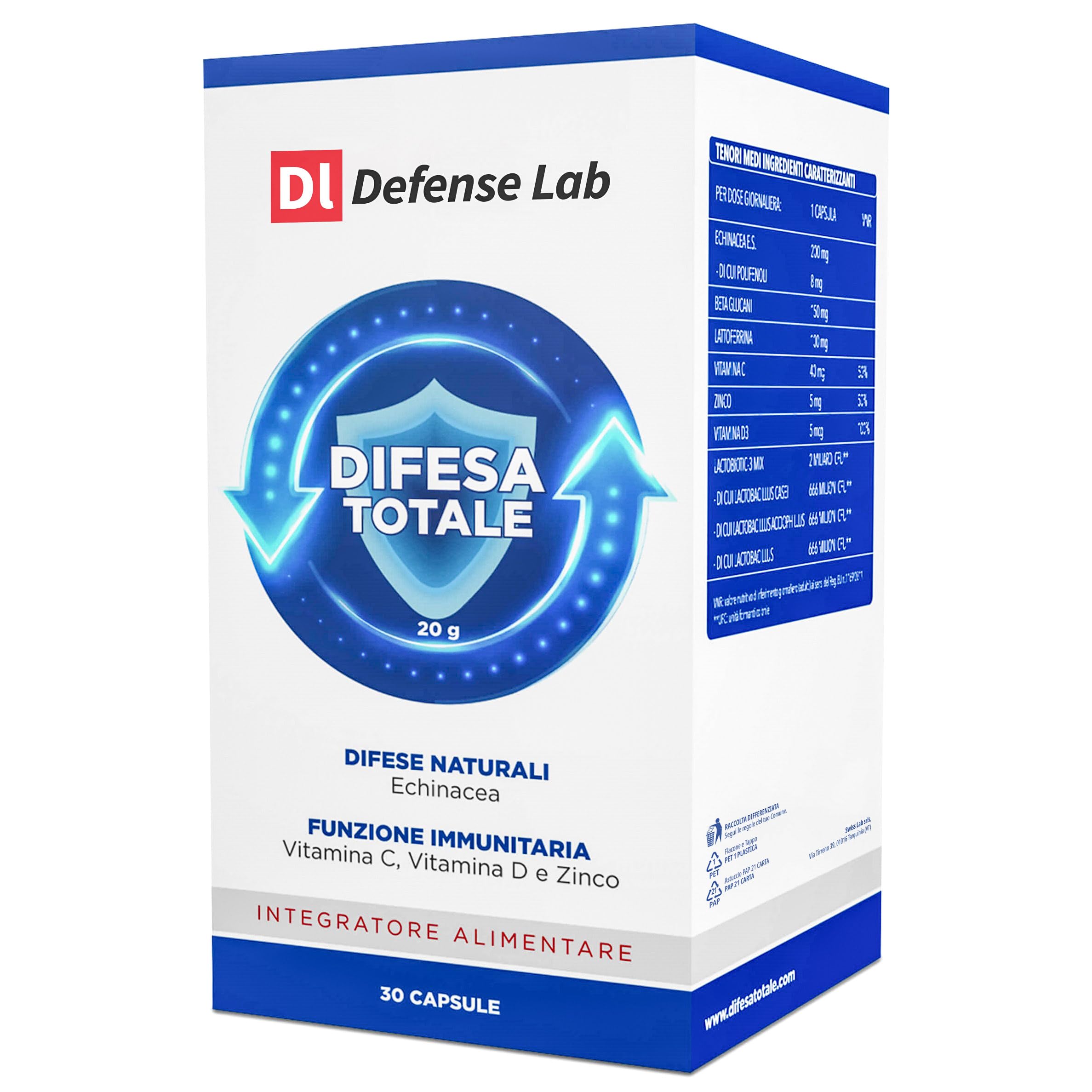 DIFESA TOTALE, Integratore Difese Immunitarie con Echinacea, Lattoferrina, Beta-Glucani, Zinco, Vitamine e Fermenti Lattici, Principi Attivi valutati in 23 mila Studi Scientifici